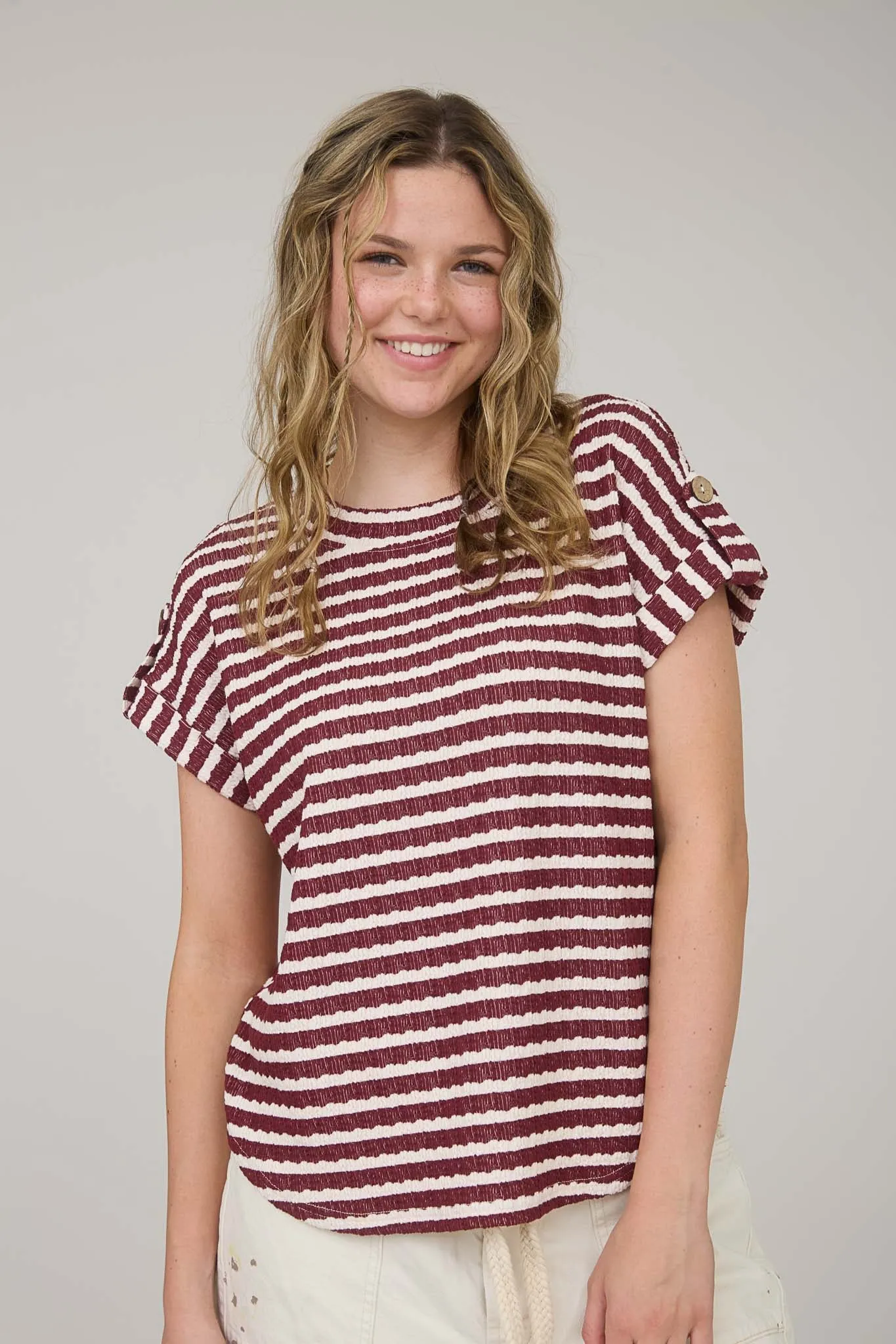 STRIPE TEXTURED KNIT SHORT TAB SLEEVE KNIT TOP sold by Blu Pepper product image thumbnail 4