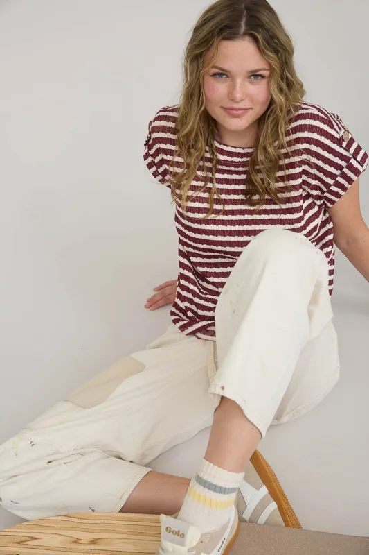 STRIPE TEXTURED KNIT SHORT TAB SLEEVE KNIT TOP sold by Blu Pepper