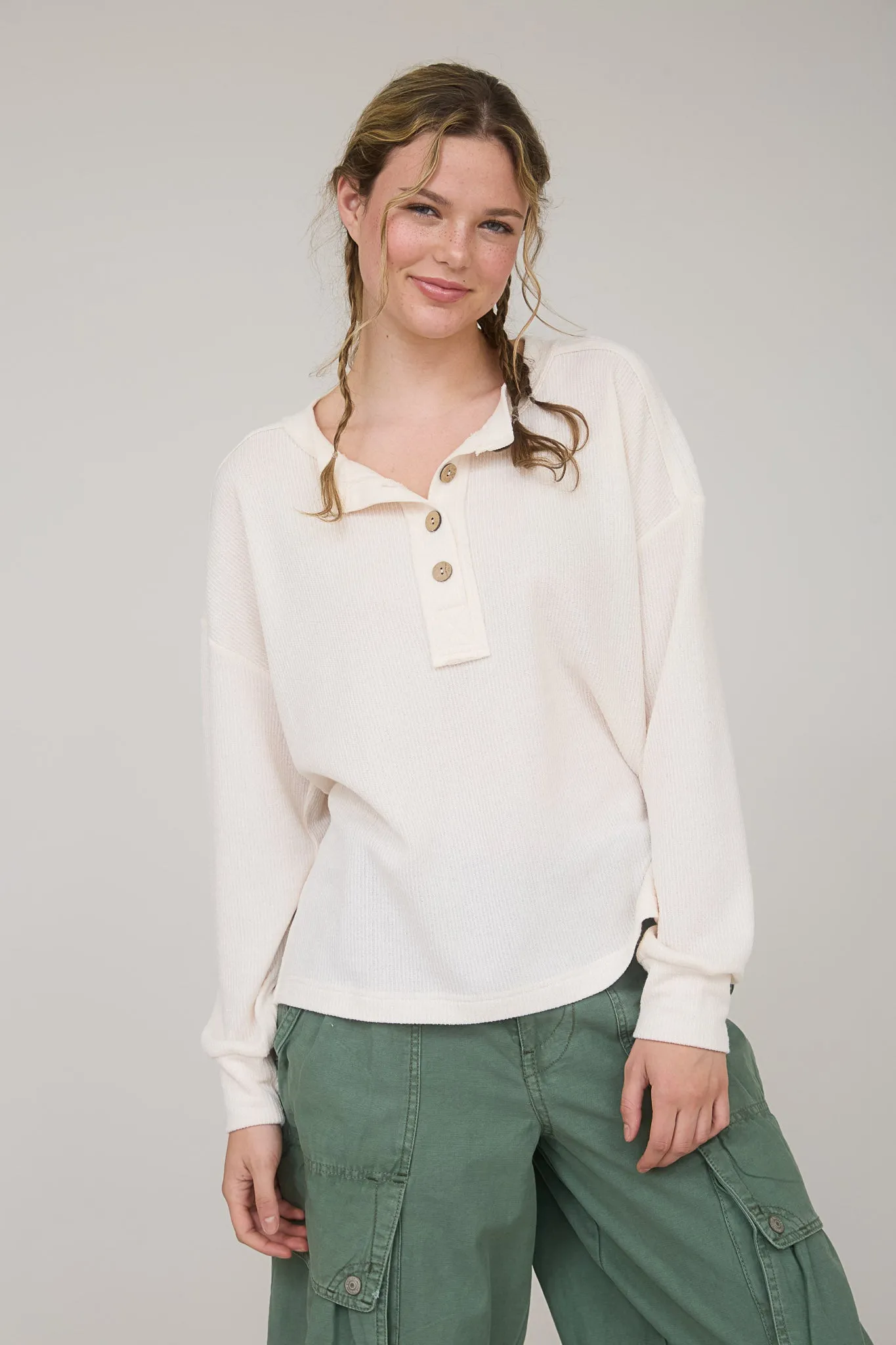 RIBBED HENLEY LONG SLEEVE KNIT TOP sold by Blu Pepper product image thumbnail 5