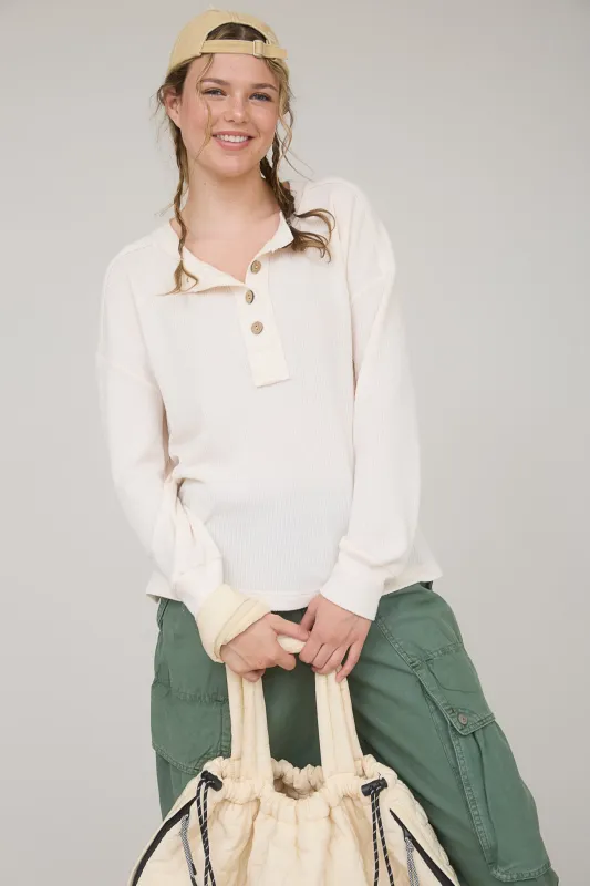 RIBBED HENLEY LONG SLEEVE KNIT TOP sold by Blu Pepper