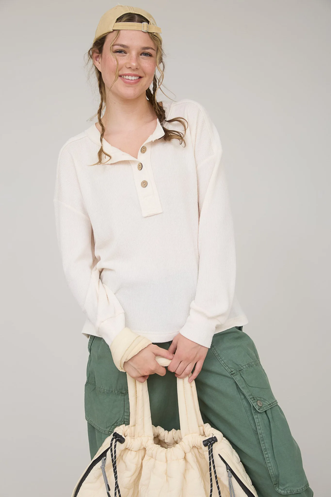 RIBBED HENLEY LONG SLEEVE KNIT TOP sold by Blu Pepper