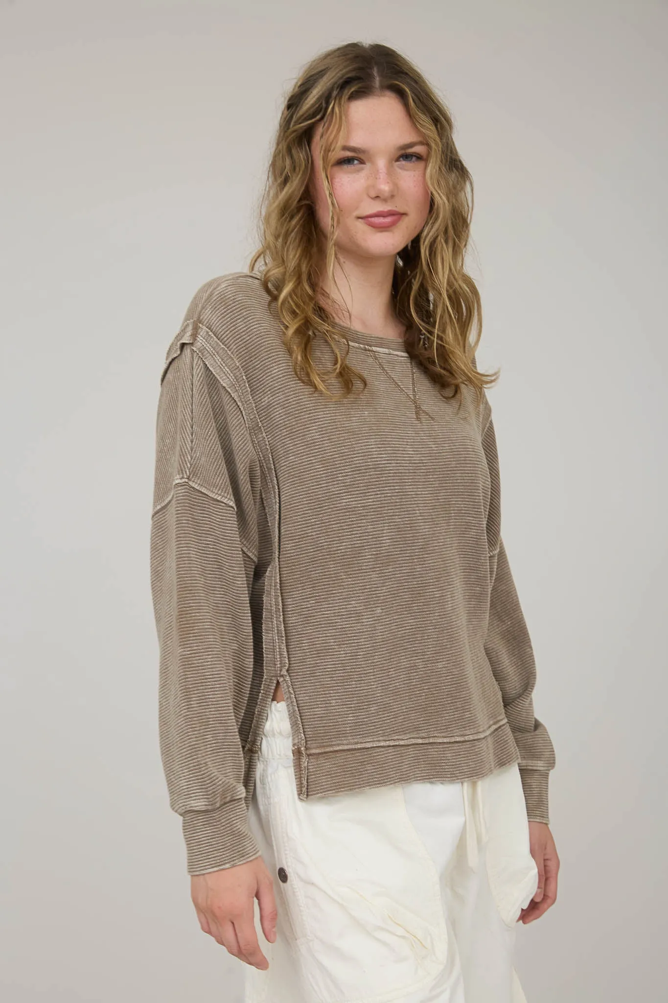 WASHED EXPOSED SEAM SIDE SLIT LONG SLEEVE KNIT TOP sold by Blu Pepper product image thumbnail 3