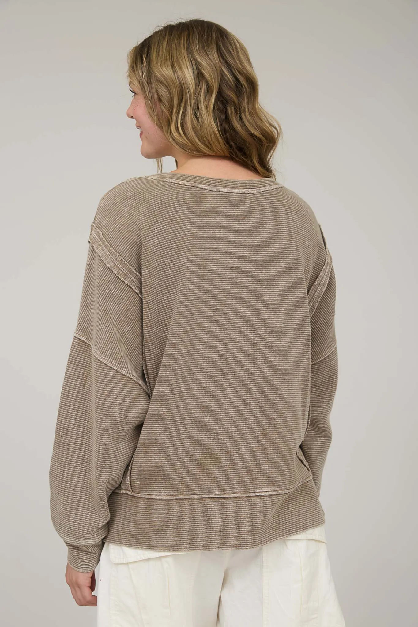 WASHED EXPOSED SEAM SIDE SLIT LONG SLEEVE KNIT TOP sold by Blu Pepper product image thumbnail 2