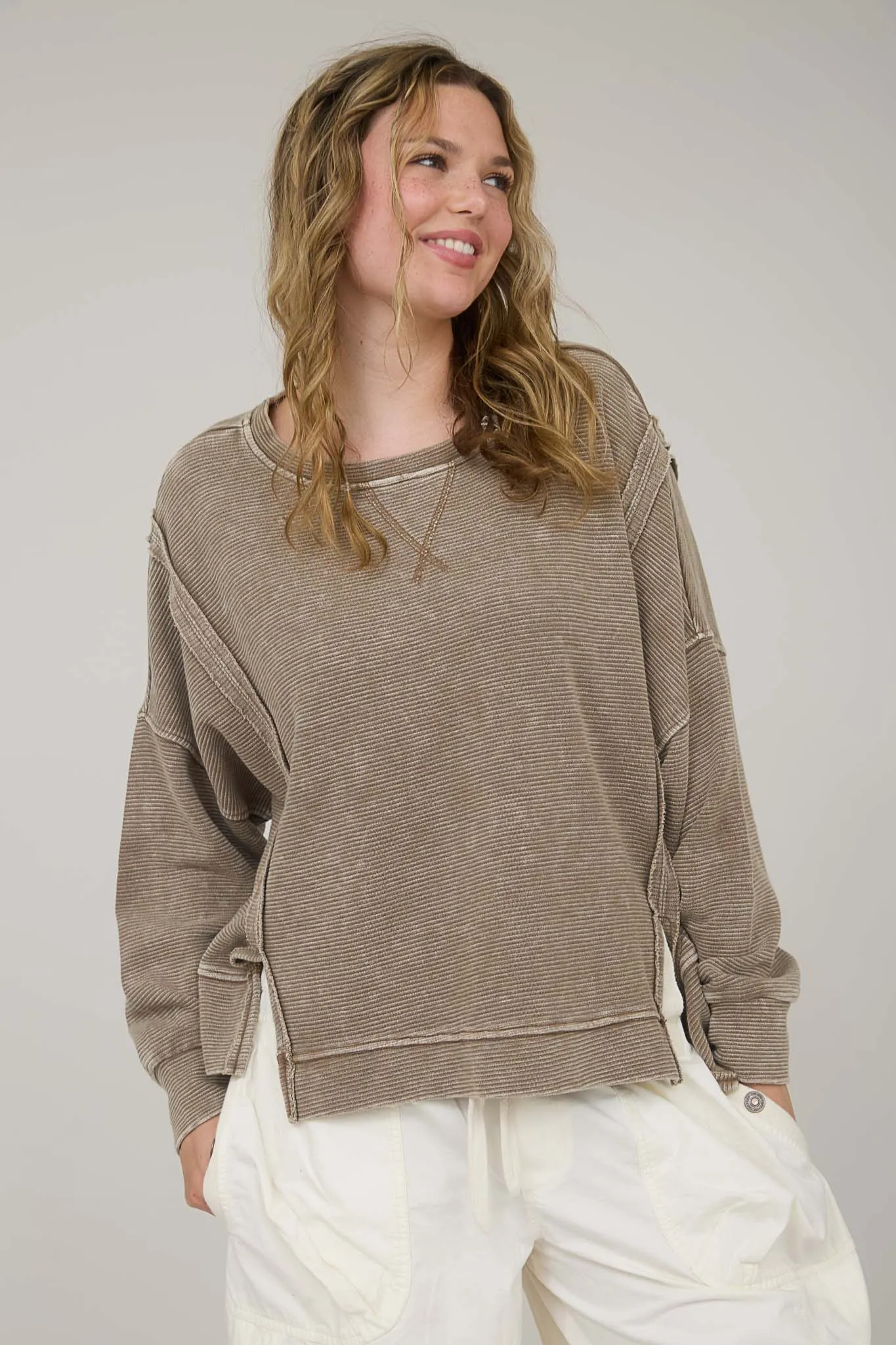 WASHED EXPOSED SEAM SIDE SLIT LONG SLEEVE KNIT TOP sold by Blu Pepper product image thumbnail 4