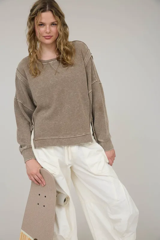 WASHED EXPOSED SEAM SIDE SLIT LONG SLEEVE KNIT TOP sold by Blu Pepper