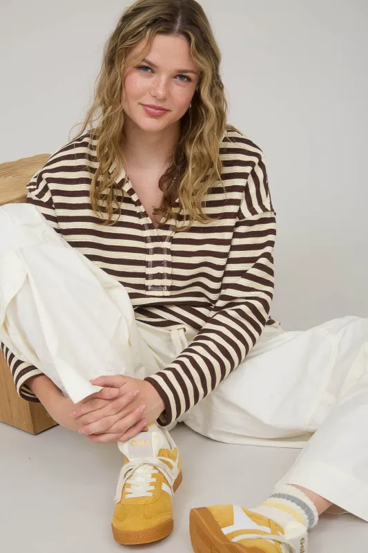 TEXTURED STRIPE SPLIT NECK LONG SLEEVE KNIT TOP sold by Blu Pepper