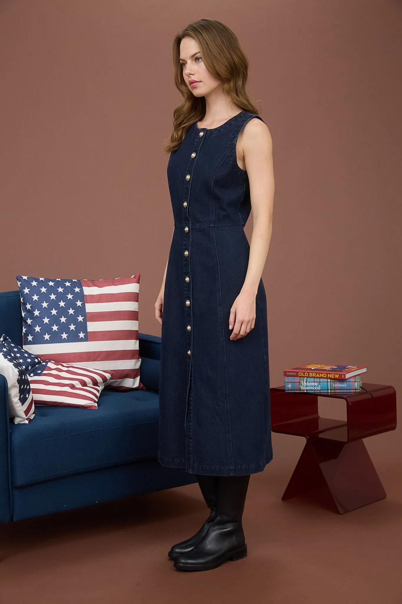 BUTTON DOWN SLEEVELESS DENIM MIDI DRESS sold by Blu Pepper product image thumbnail 3