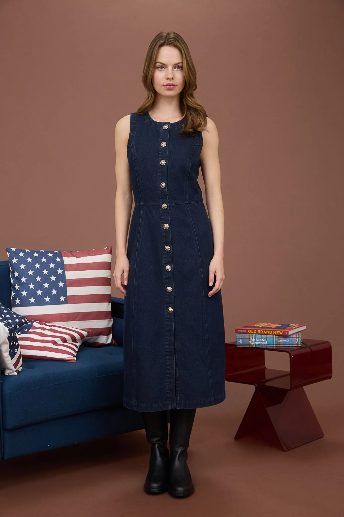 BUTTON DOWN SLEEVELESS DENIM MIDI DRESS sold by Blu Pepper product image thumbnail 5