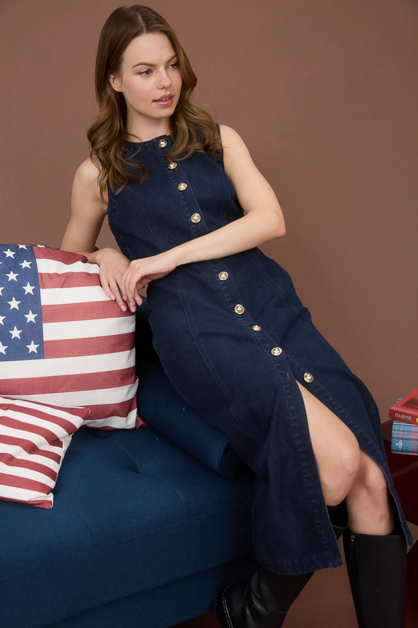 BUTTON DOWN SLEEVELESS DENIM MIDI DRESS sold by Blu Pepper product image thumbnail 4