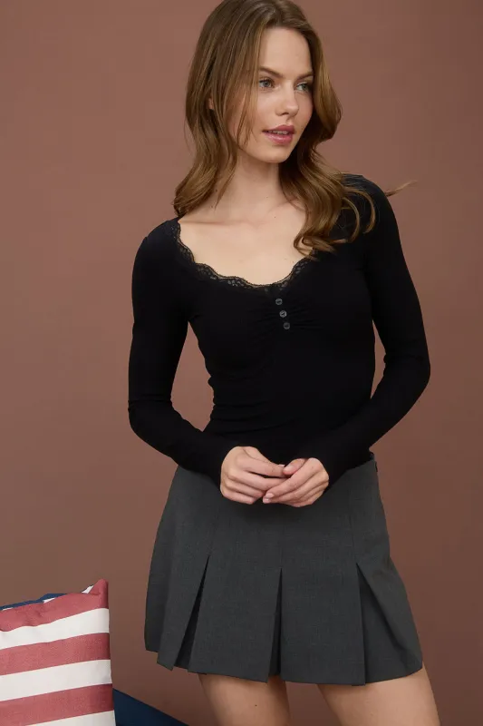 LACE TRIM BUTTON DETAIL LONG SLEEVE KNIT TOP sold by Blu Pepper