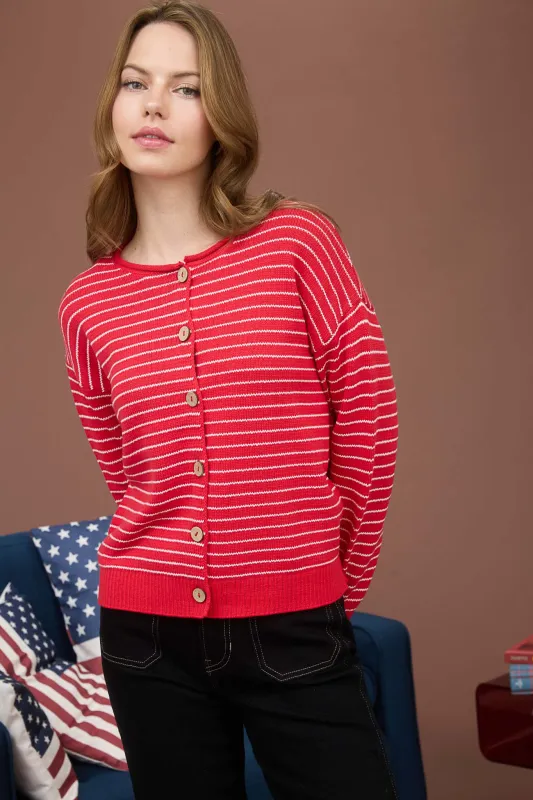 STRIPE BUTTON DOWN RAW EDGE KNIT CARDIGAN sold by Blu Pepper