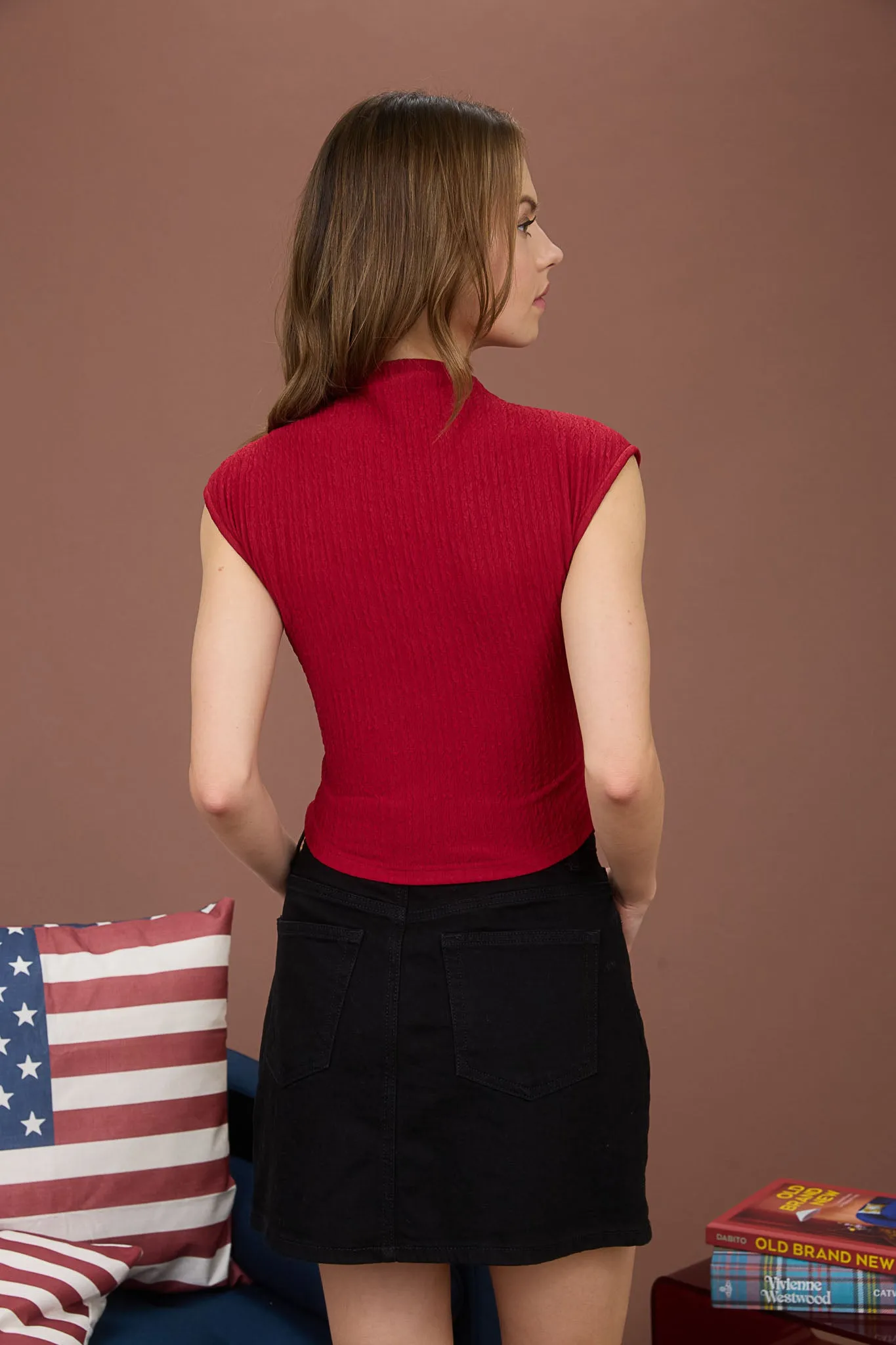 ASYMMETRICAL HEM MOCK NECK SLEEVELESS KNIT TOP sold by Blu Pepper product image thumbnail 2