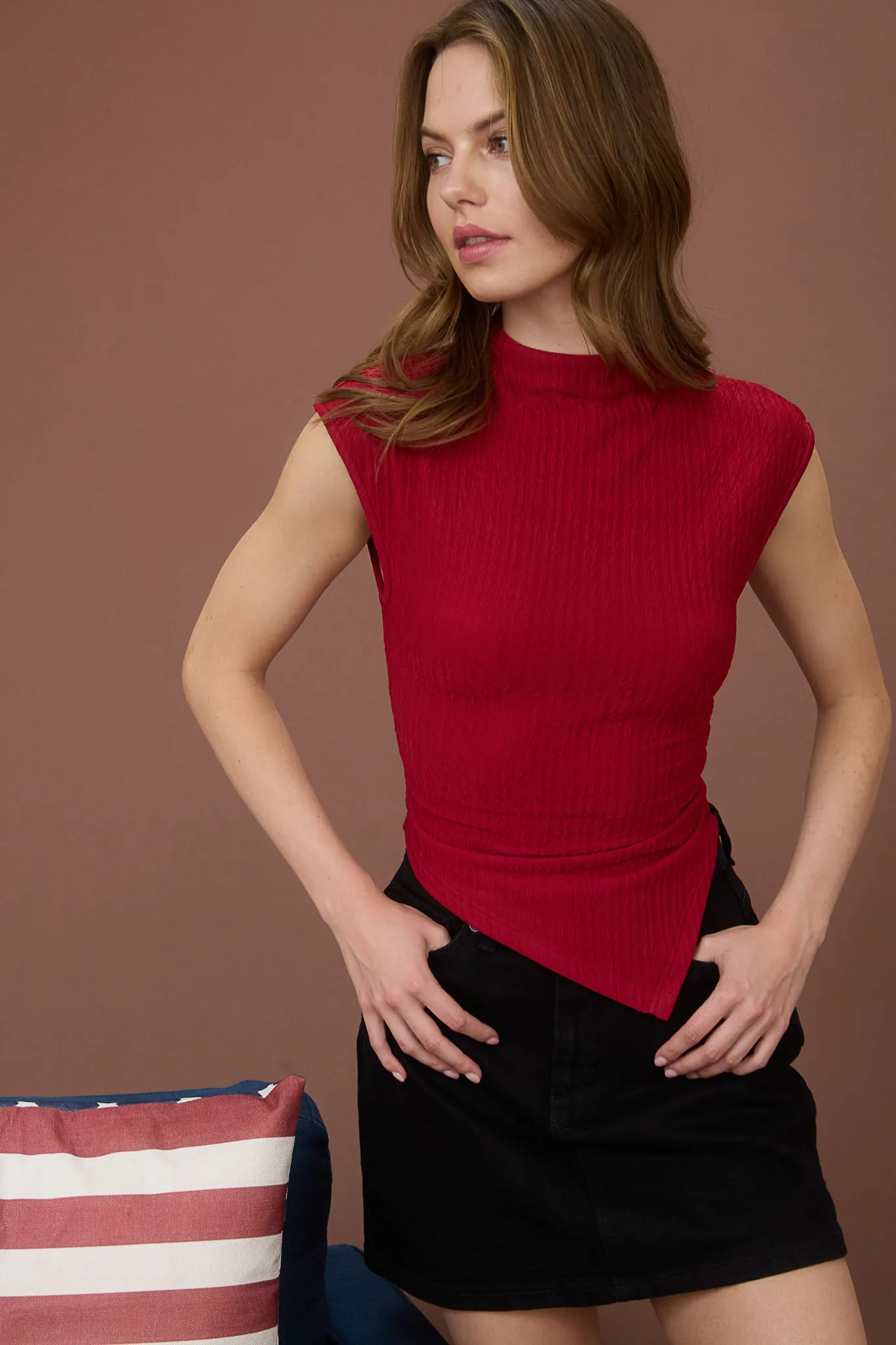 ASYMMETRICAL HEM MOCK NECK SLEEVELESS KNIT TOP sold by Blu Pepper product image thumbnail 4