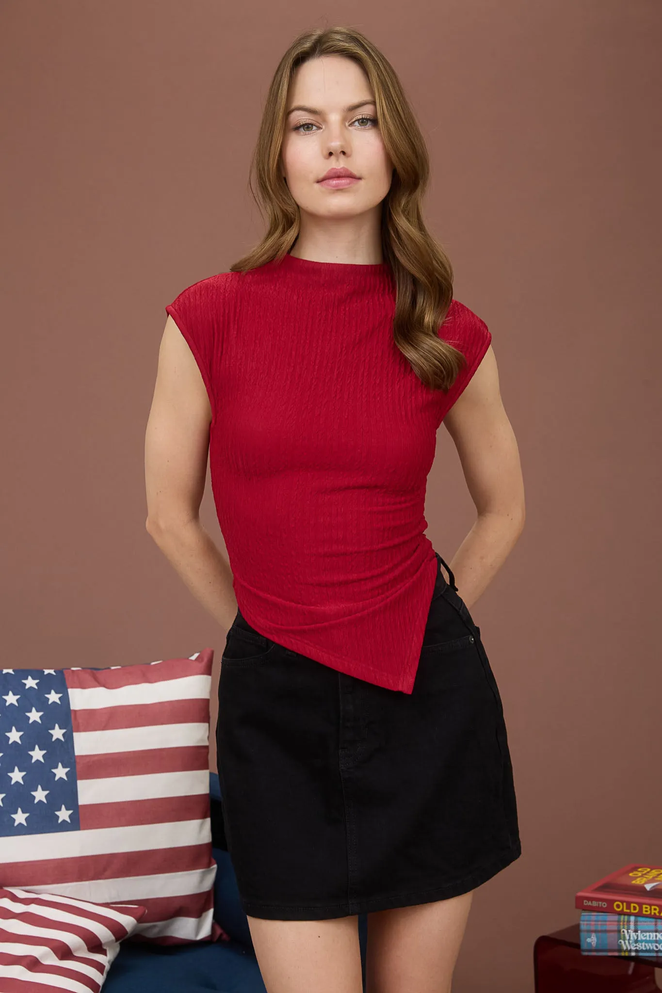 ASYMMETRICAL HEM MOCK NECK SLEEVELESS KNIT TOP sold by Blu Pepper product image thumbnail 5