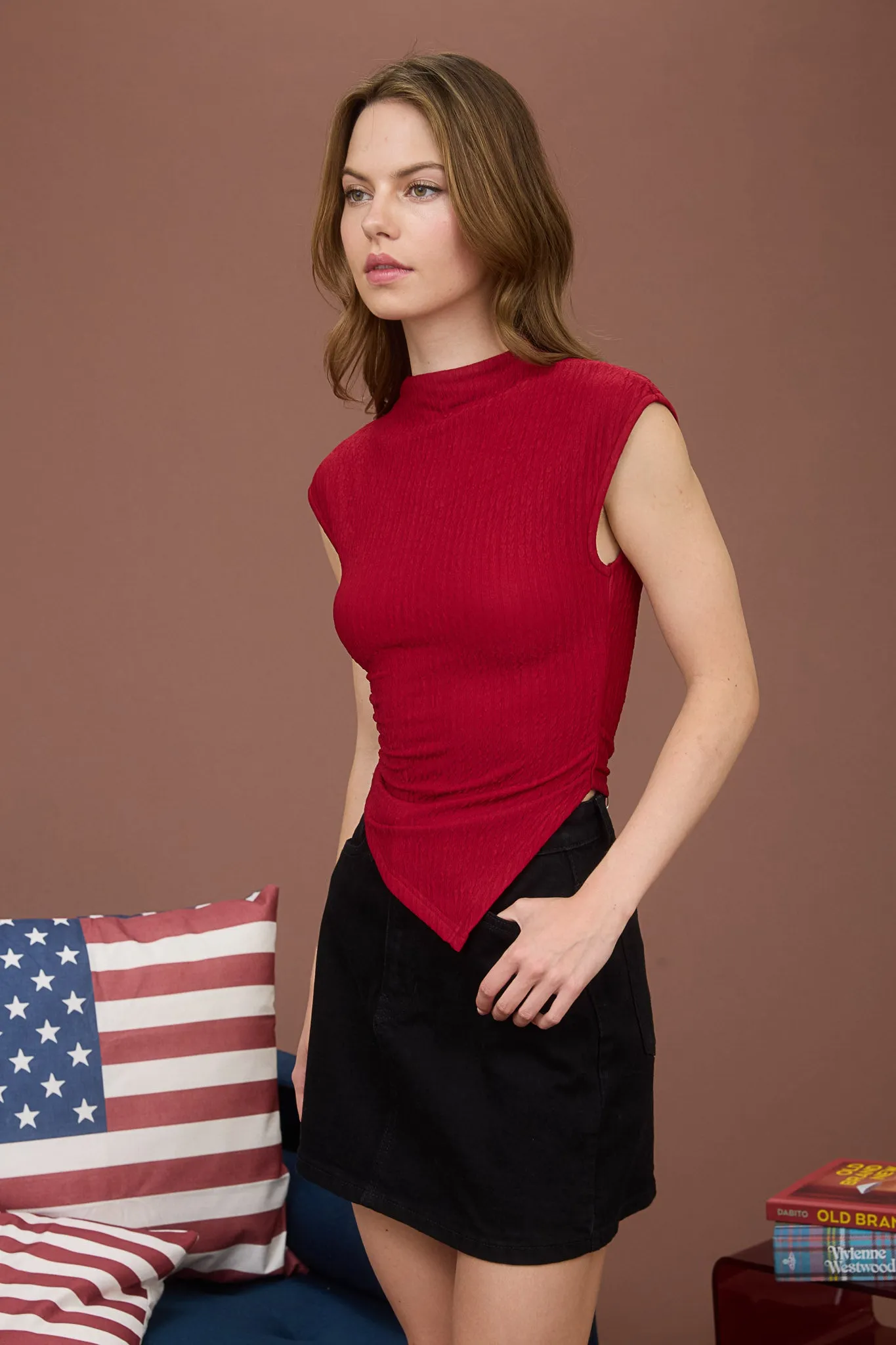 ASYMMETRICAL HEM MOCK NECK SLEEVELESS KNIT TOP sold by Blu Pepper product image thumbnail 3