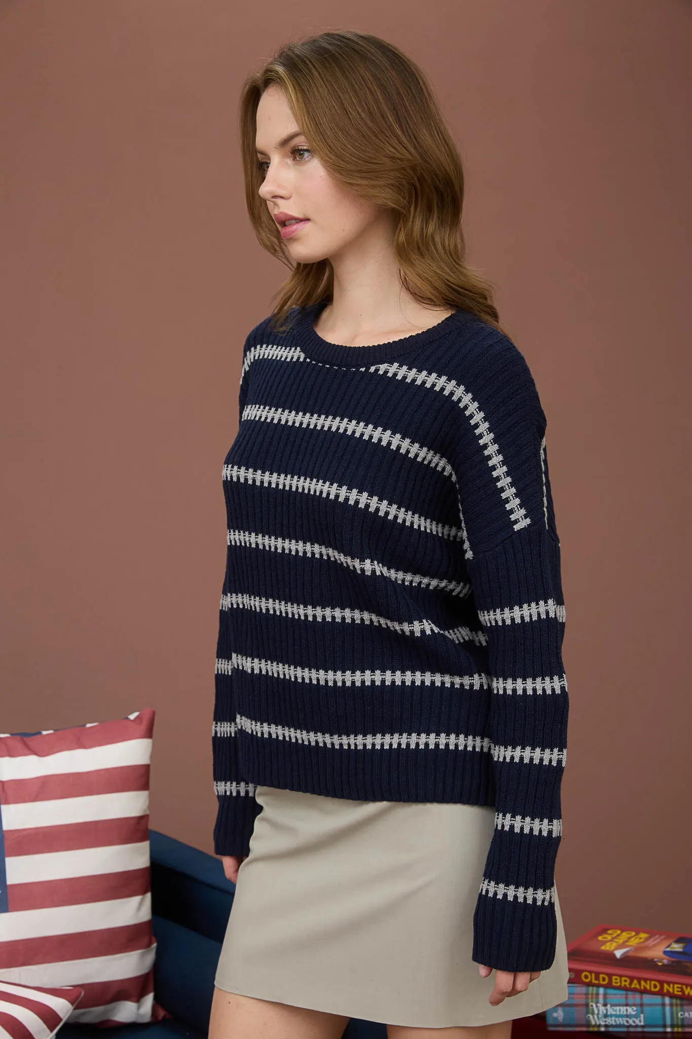 STRIPE CREWNECK LONG SLEEVE RIBBED KNIT SWEATER sold by Blu Pepper product image thumbnail 3
