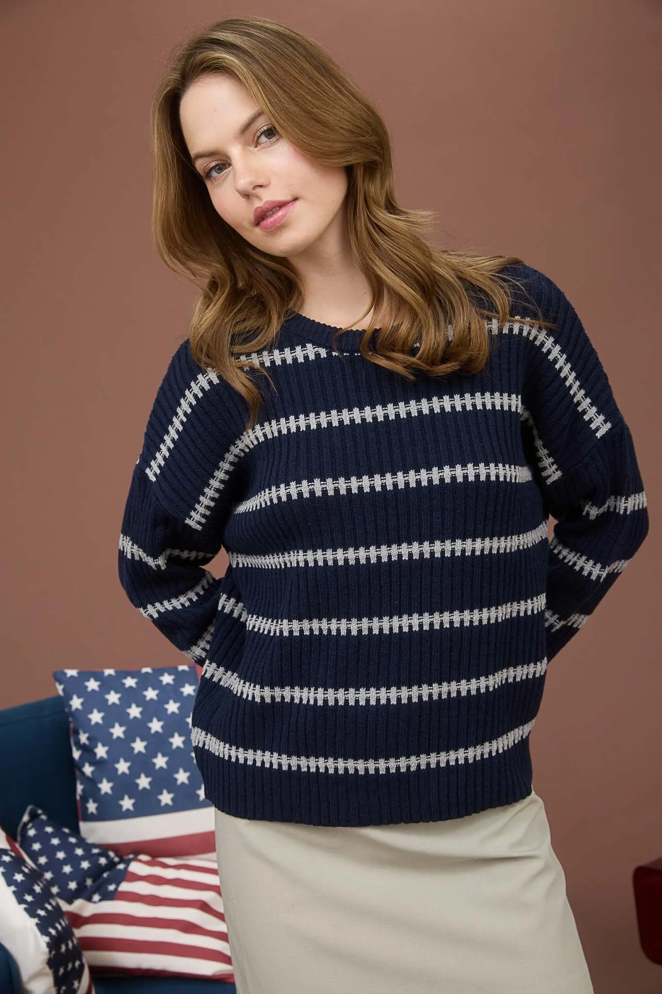 STRIPE CREWNECK LONG SLEEVE RIBBED KNIT SWEATER sold by Blu Pepper product image thumbnail 4