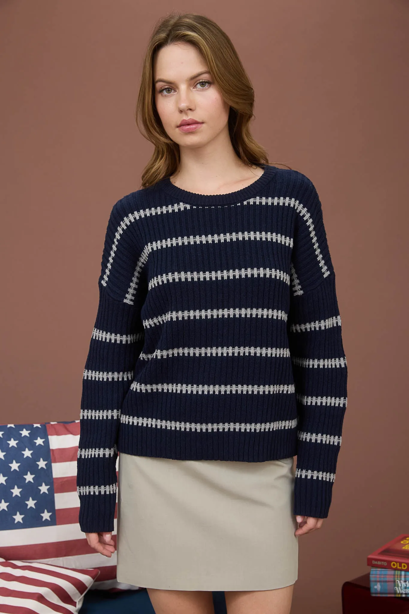 STRIPE CREWNECK LONG SLEEVE RIBBED KNIT SWEATER sold by Blu Pepper product image thumbnail 5