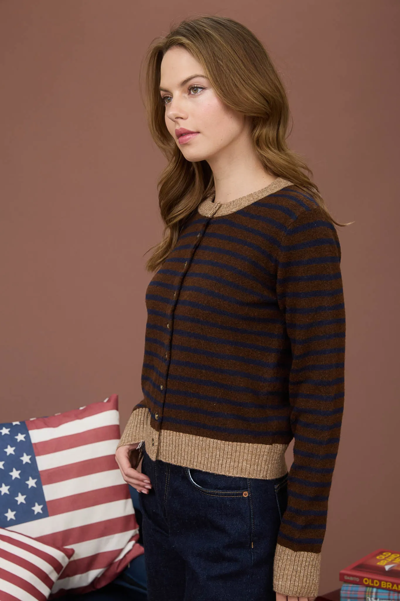 STRIPE COLORBLOCK TRIM BUTTON DOWN KNIT CARDIGAN sold by Blu Pepper product image thumbnail 3