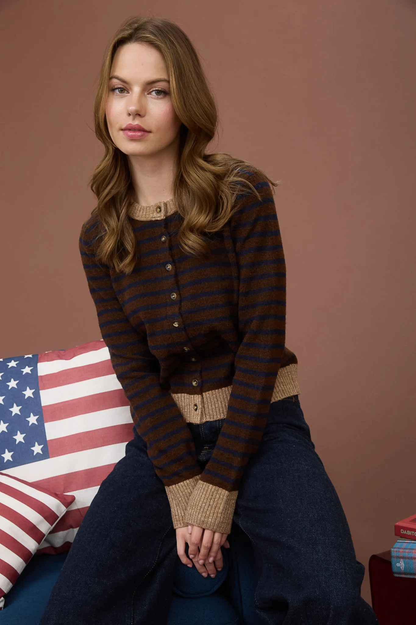 STRIPE COLORBLOCK TRIM BUTTON DOWN KNIT CARDIGAN sold by Blu Pepper product image thumbnail 5