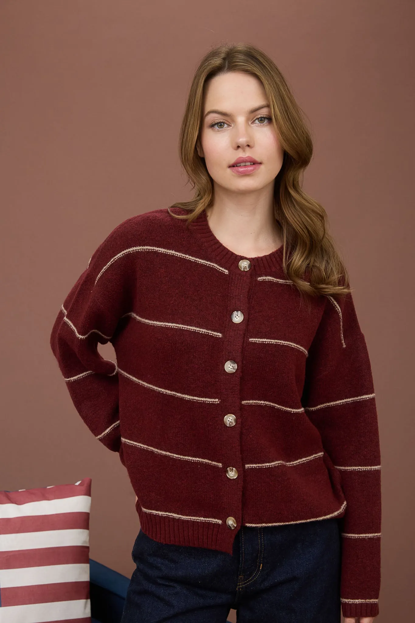 THIN STRIPE ROUND NECK BUTTON DOWN CARDIGAN sold by Blu Pepper product image thumbnail 4