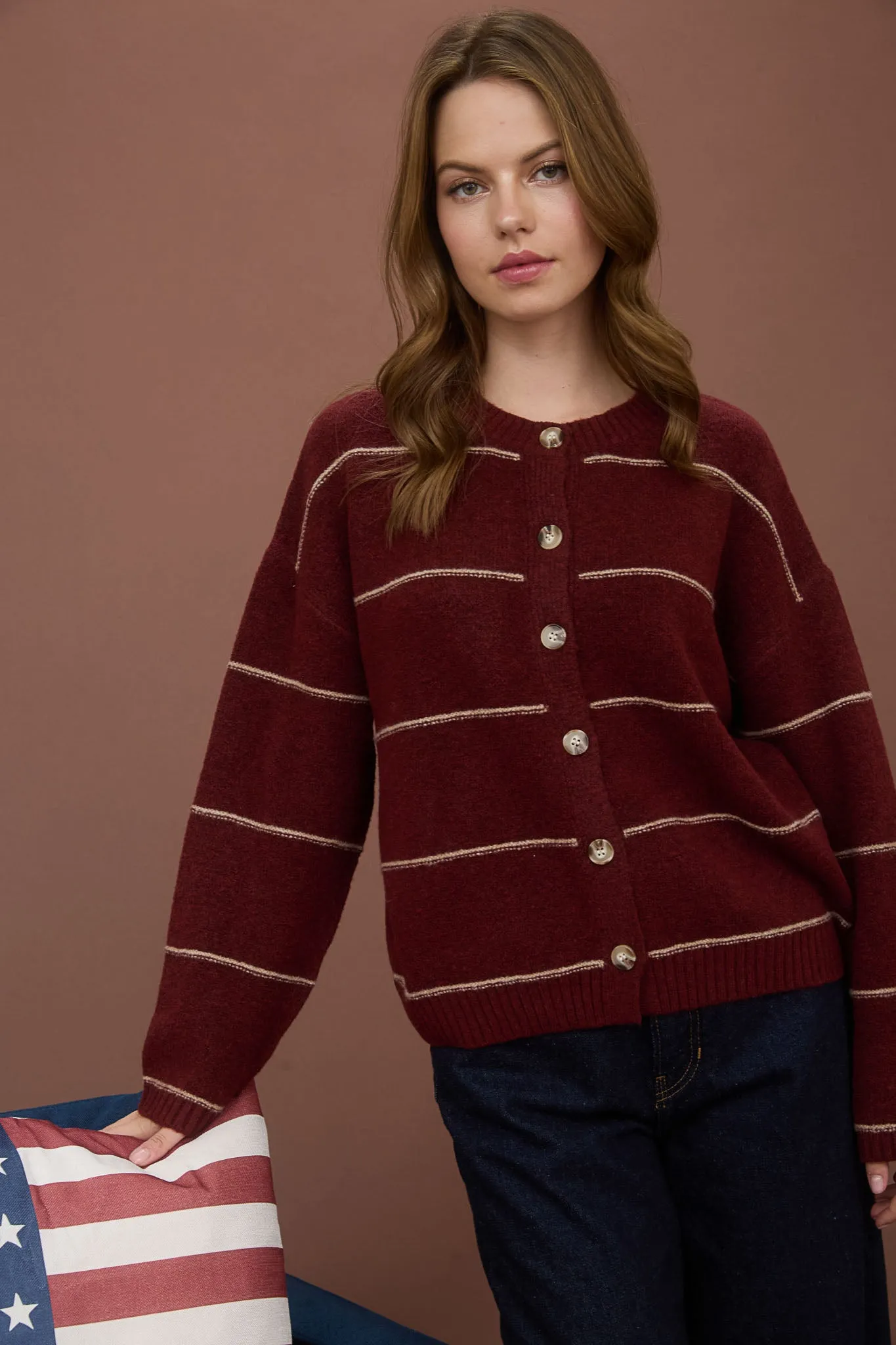 THIN STRIPE ROUND NECK BUTTON DOWN CARDIGAN sold by Blu Pepper