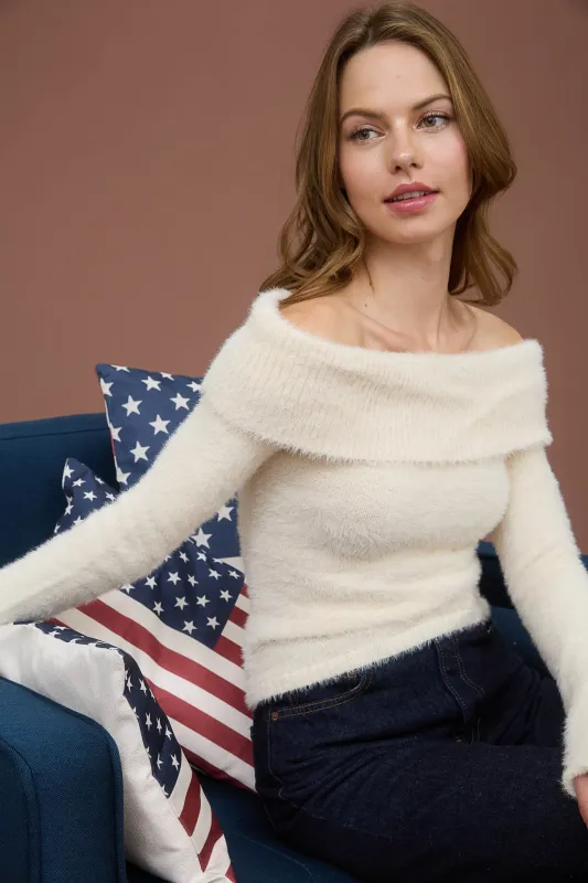 OFF SHOULDER FOLD OVER BLUSHED KNIT SWEATER sold by Blu Pepper