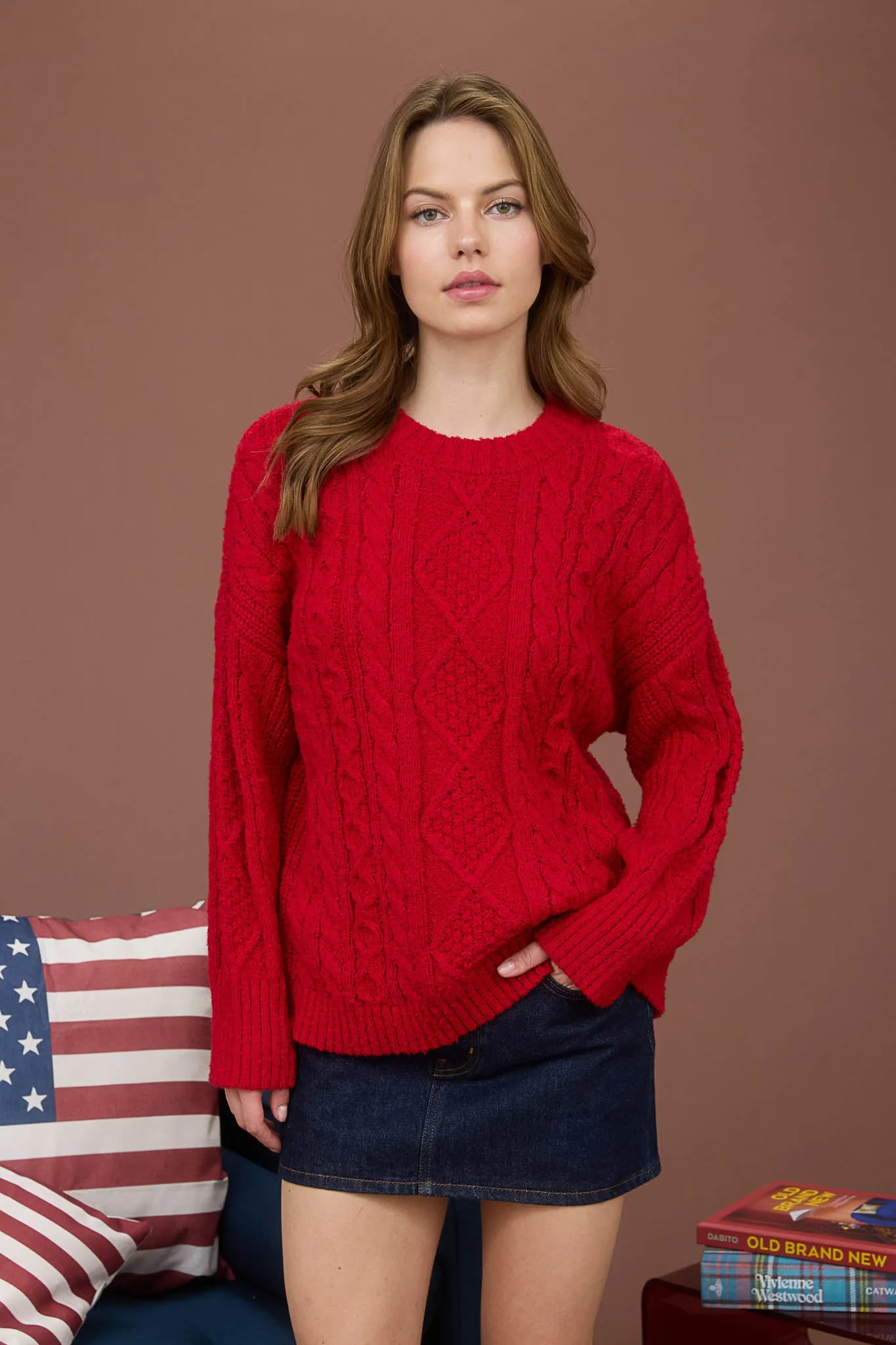 CREWNECK CABLE KNIT LONG SLEEVE PULLOVER SWEATER sold by Blu Pepper product image thumbnail 4