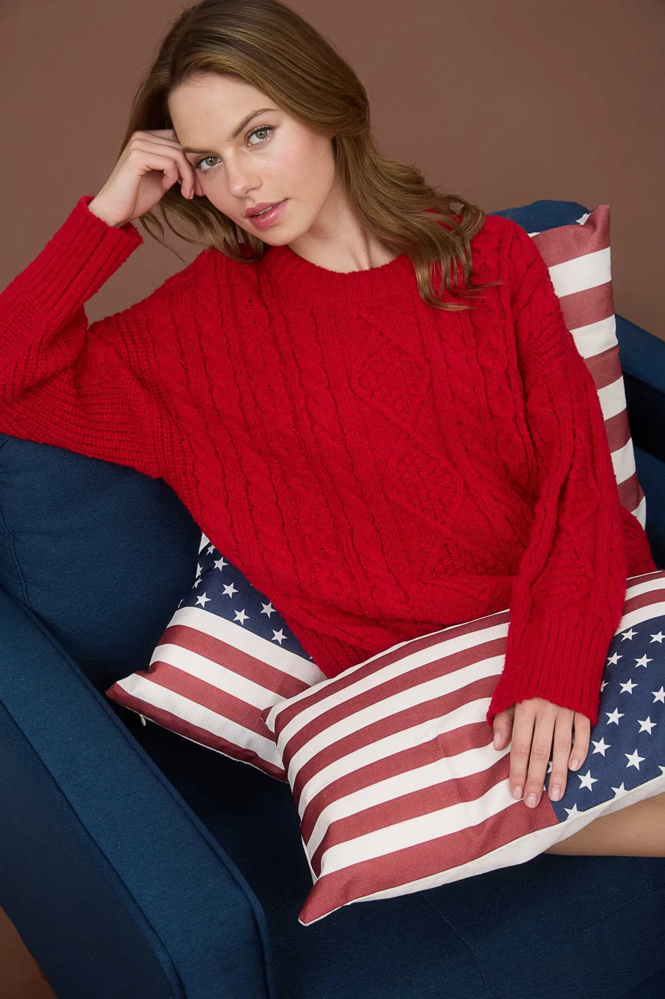 CREWNECK CABLE KNIT LONG SLEEVE PULLOVER SWEATER sold by Blu Pepper