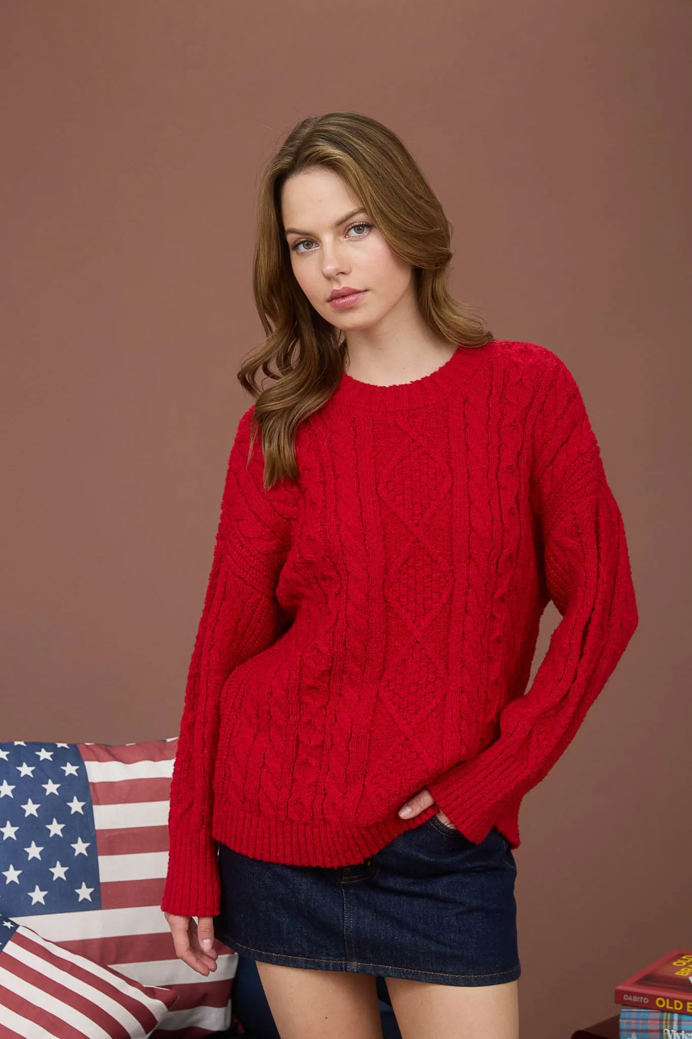 CREWNECK CABLE KNIT LONG SLEEVE PULLOVER SWEATER sold by Blu Pepper product image thumbnail 5