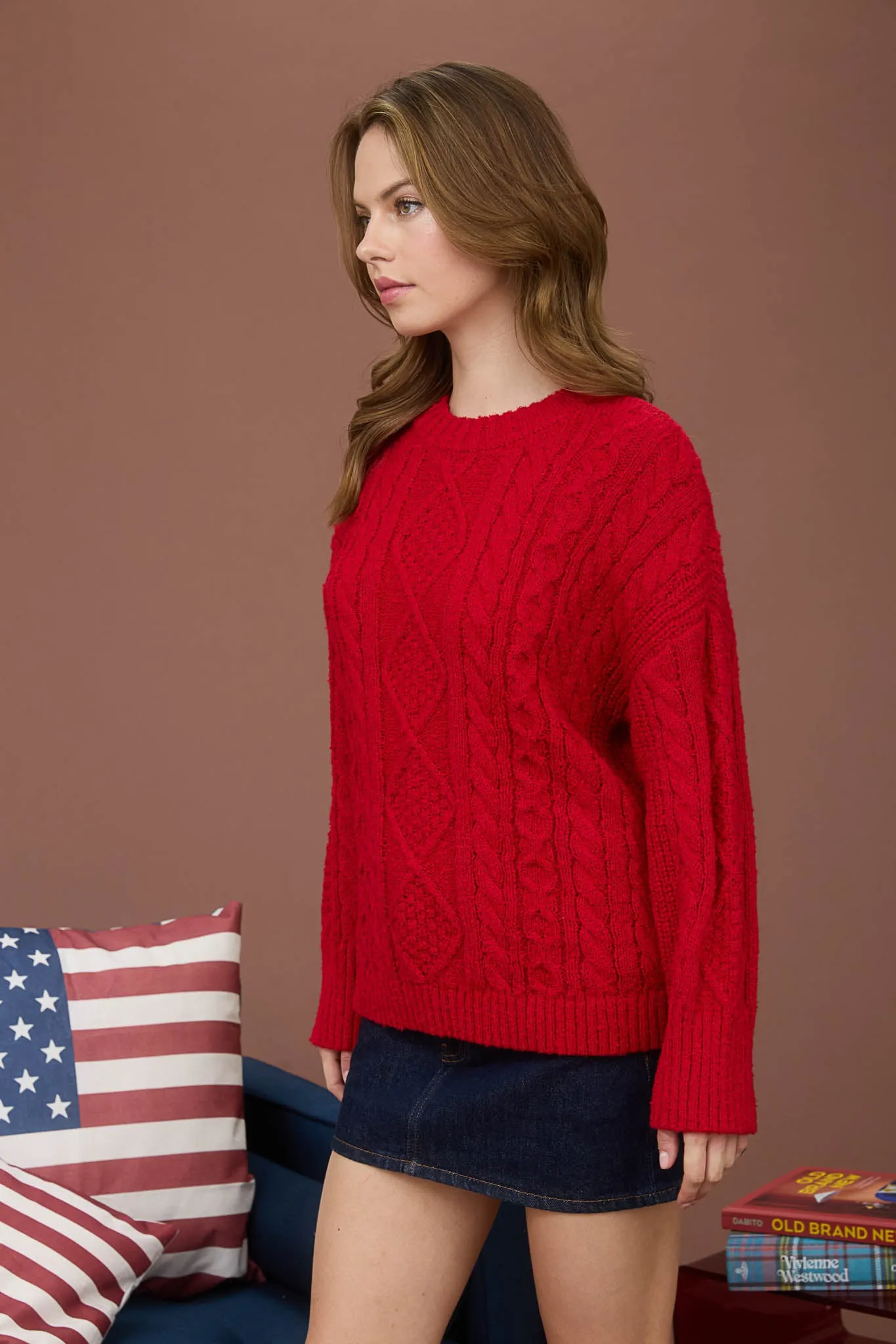 CREWNECK CABLE KNIT LONG SLEEVE PULLOVER SWEATER sold by Blu Pepper product image thumbnail 3