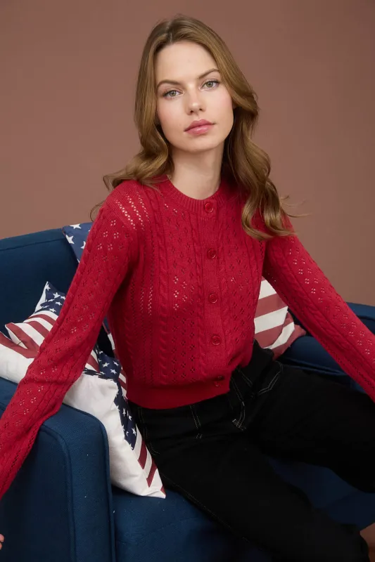 SHEER CABLE KNIT LONG SLEEVE BUTTON DOWN CARDIGAN sold by Blu Pepper