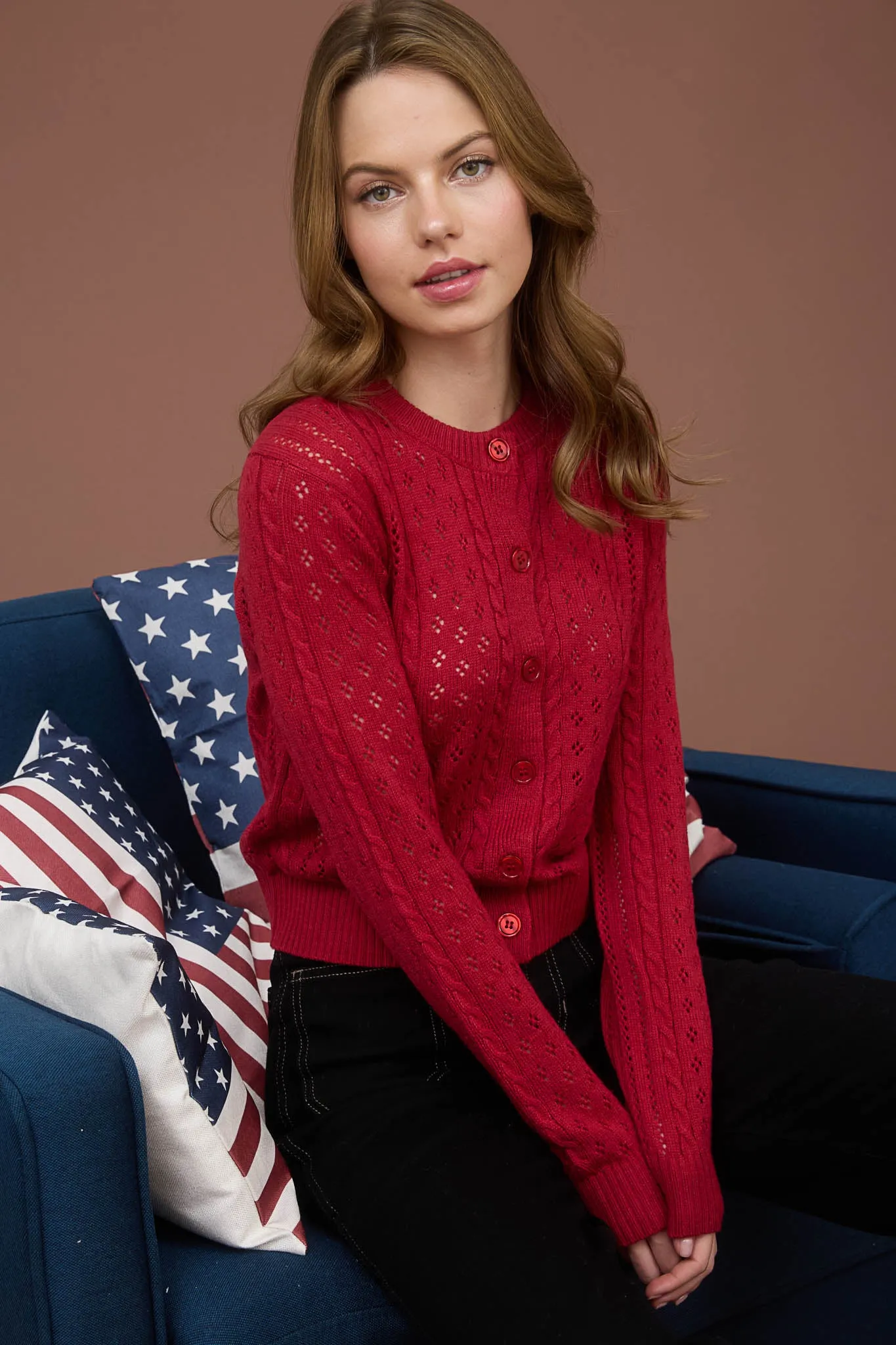 SHEER CABLE KNIT LONG SLEEVE BUTTON DOWN CARDIGAN sold by Blu Pepper product image thumbnail 5