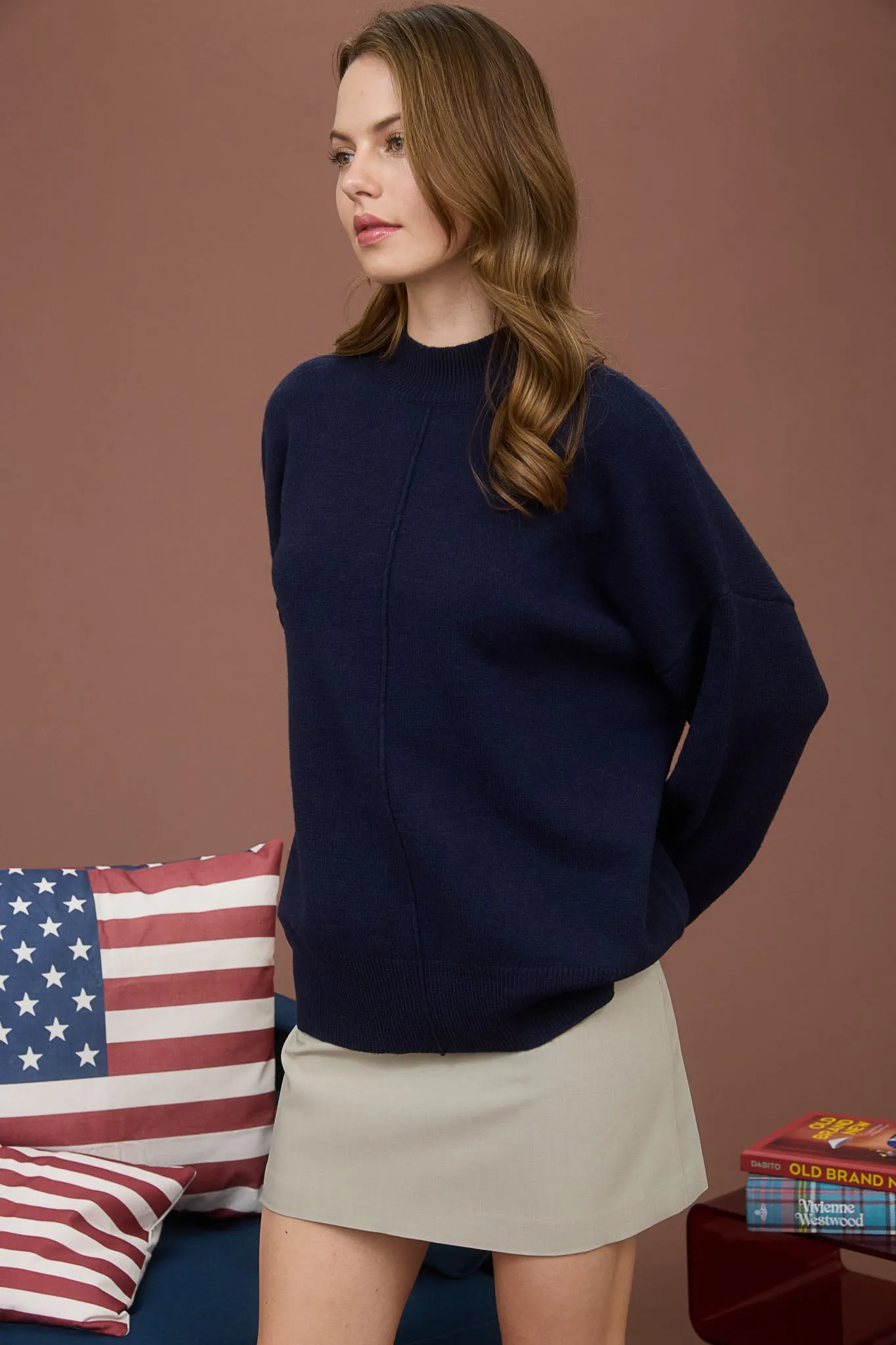 FRONT SEAM MOCK NECK LONG SLEEVE KNIT SWEATER sold by Blu Pepper product image thumbnail 3