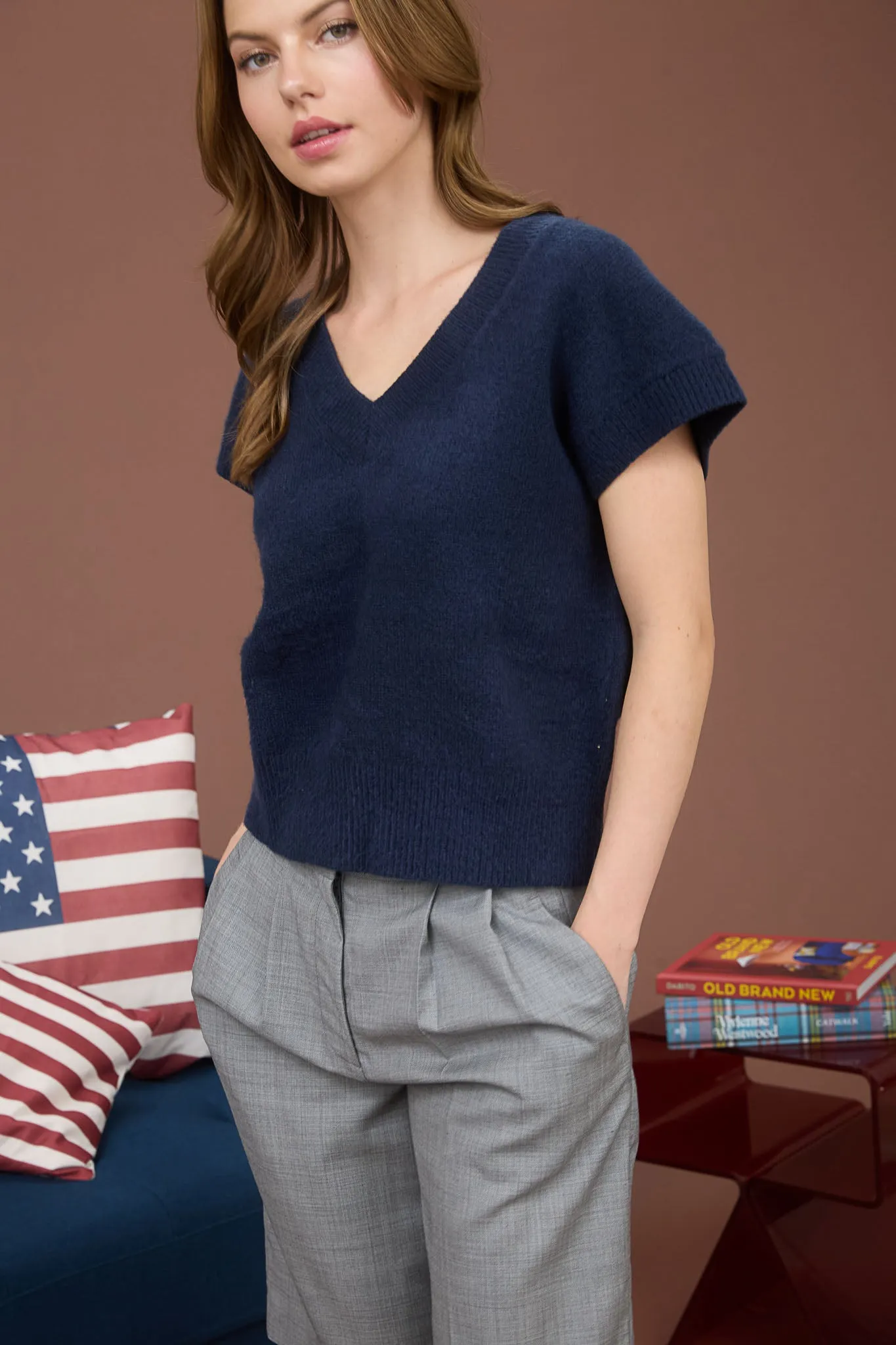 V NECK SHORT SLEEVE KNIT PULLOVER SWEATER sold by Blu Pepper product image thumbnail 4