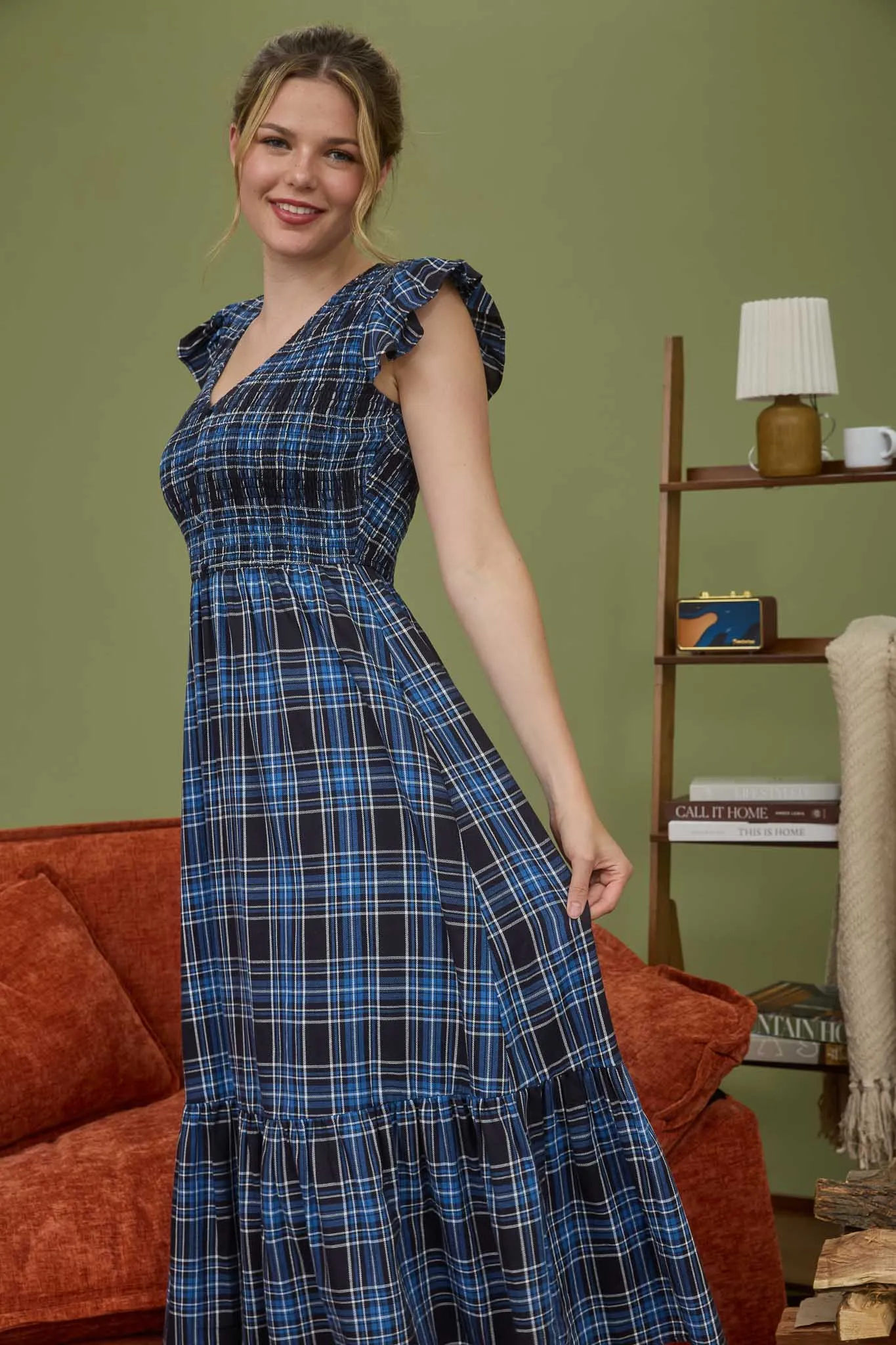 PLAID SMOCKED V NECK BUTTON DOWN MIDI DRESS sold by Blu Pepper