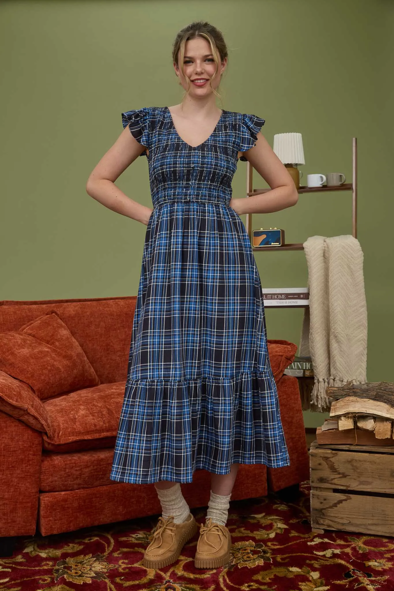 PLAID SMOCKED V NECK BUTTON DOWN MIDI DRESS sold by Blu Pepper product image thumbnail 4