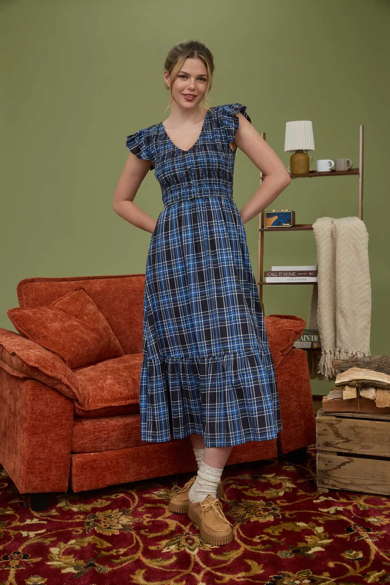 PLAID SMOCKED V NECK BUTTON DOWN MIDI DRESS sold by Blu Pepper product image thumbnail 5