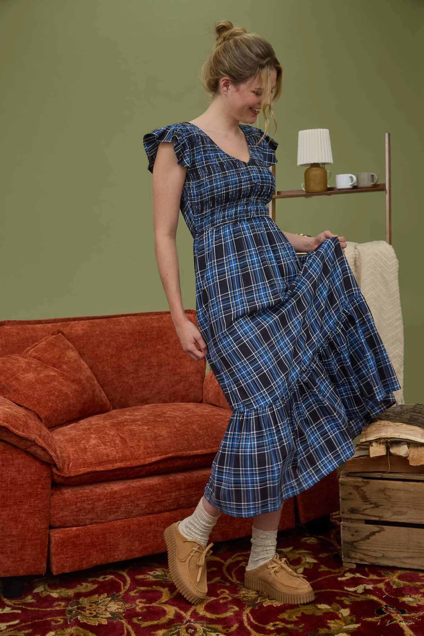 PLAID SMOCKED V NECK BUTTON DOWN MIDI DRESS sold by Blu Pepper product image thumbnail 3