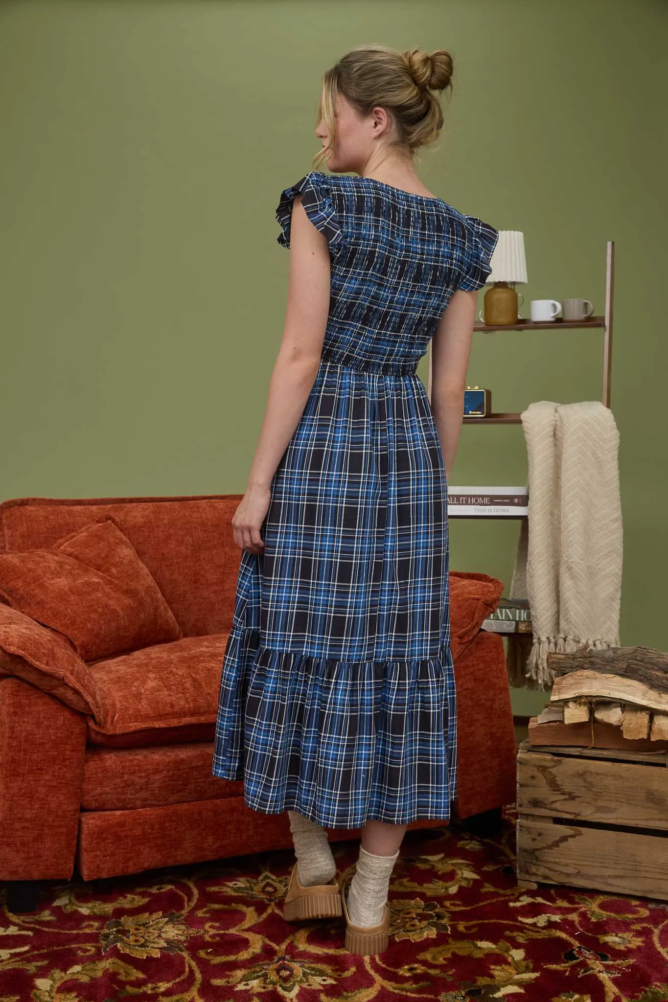 PLAID SMOCKED V NECK BUTTON DOWN MIDI DRESS sold by Blu Pepper product image thumbnail 2