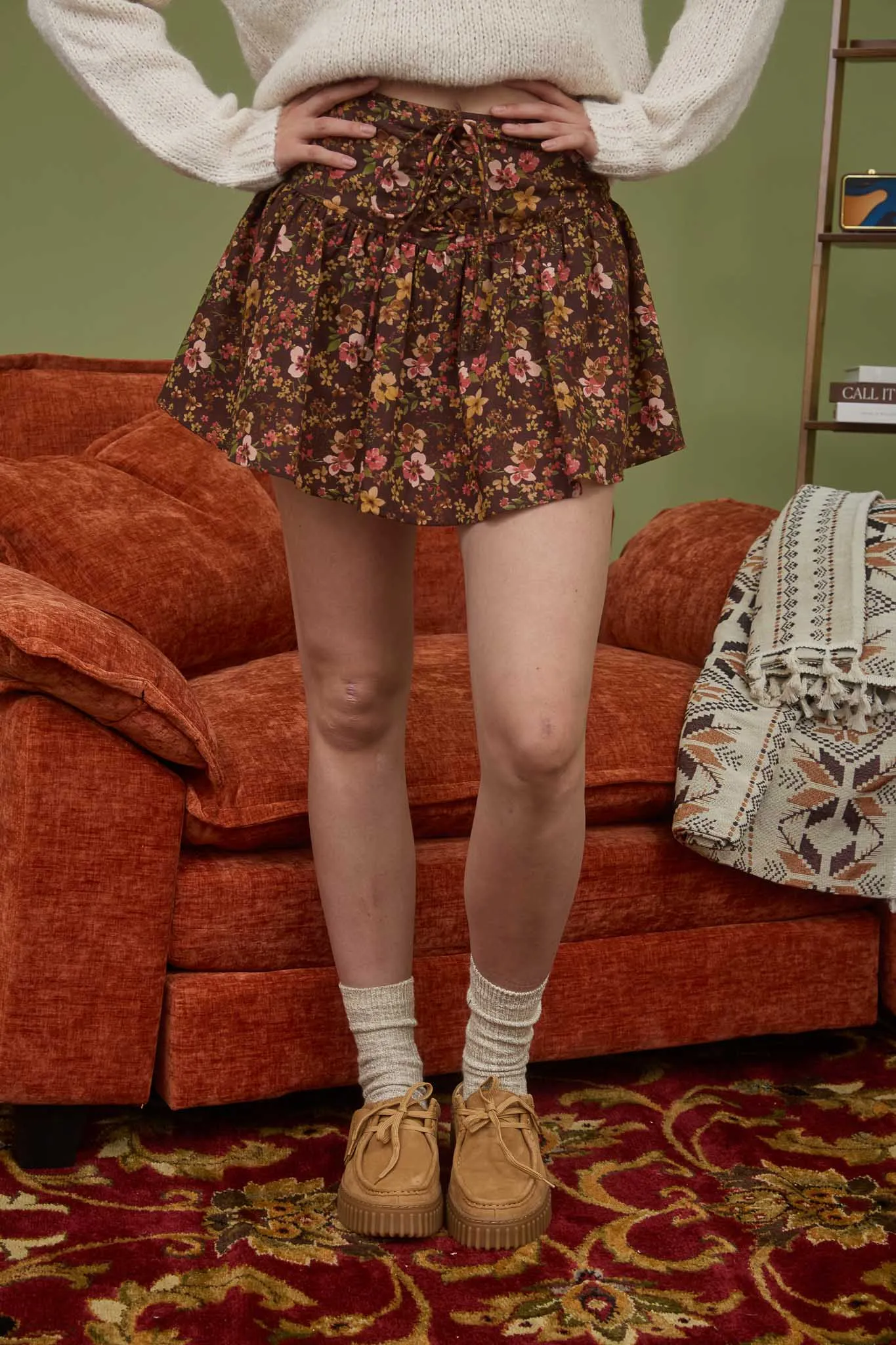 FLORAL SMOCKED LACE-UP DETAIL MINI SKIRT sold by Blu Pepper product image thumbnail 4