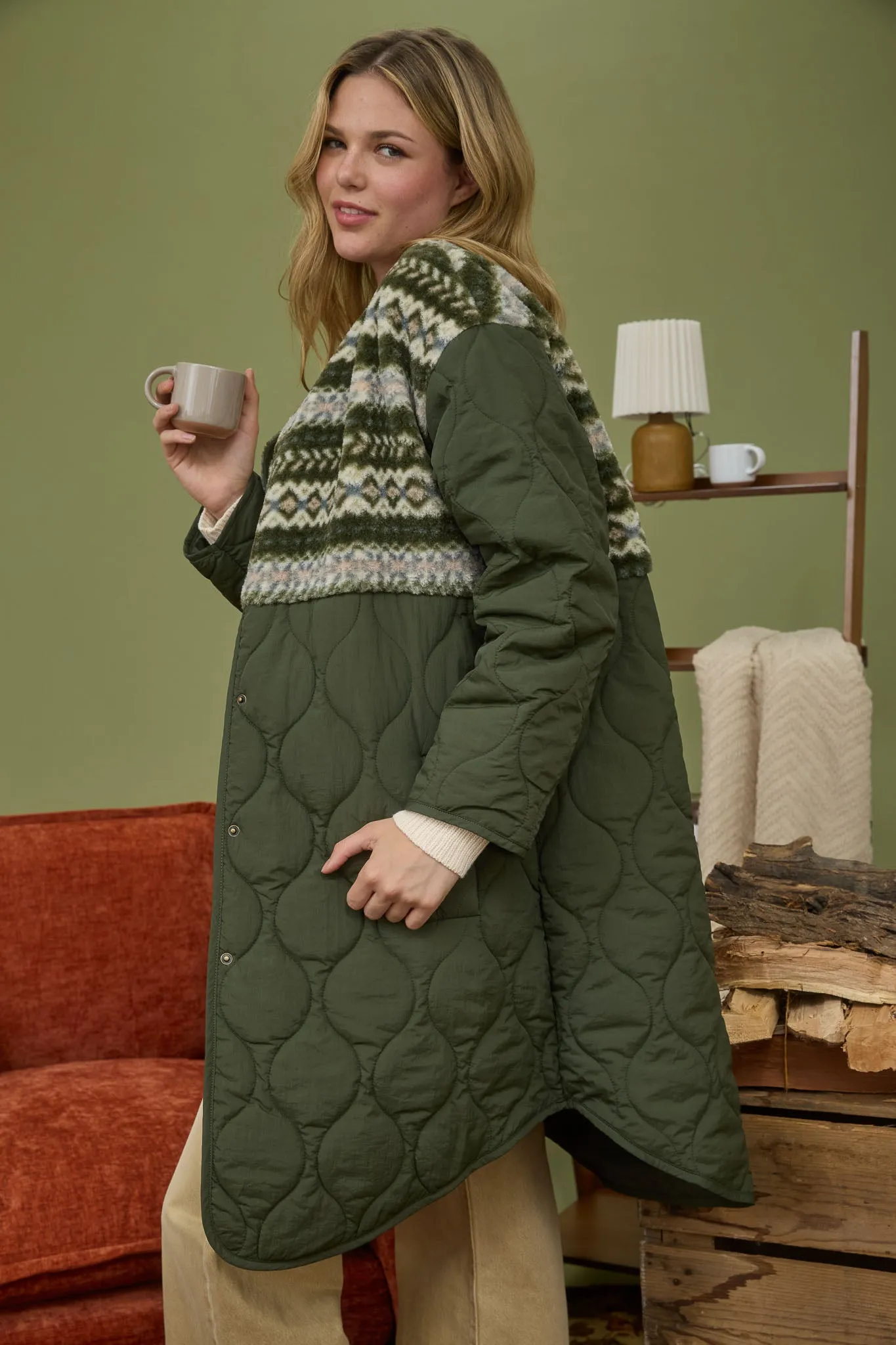 SHERPA DETAIL QUILTED LONG PUFFER COAT sold by Blu Pepper product image thumbnail 3