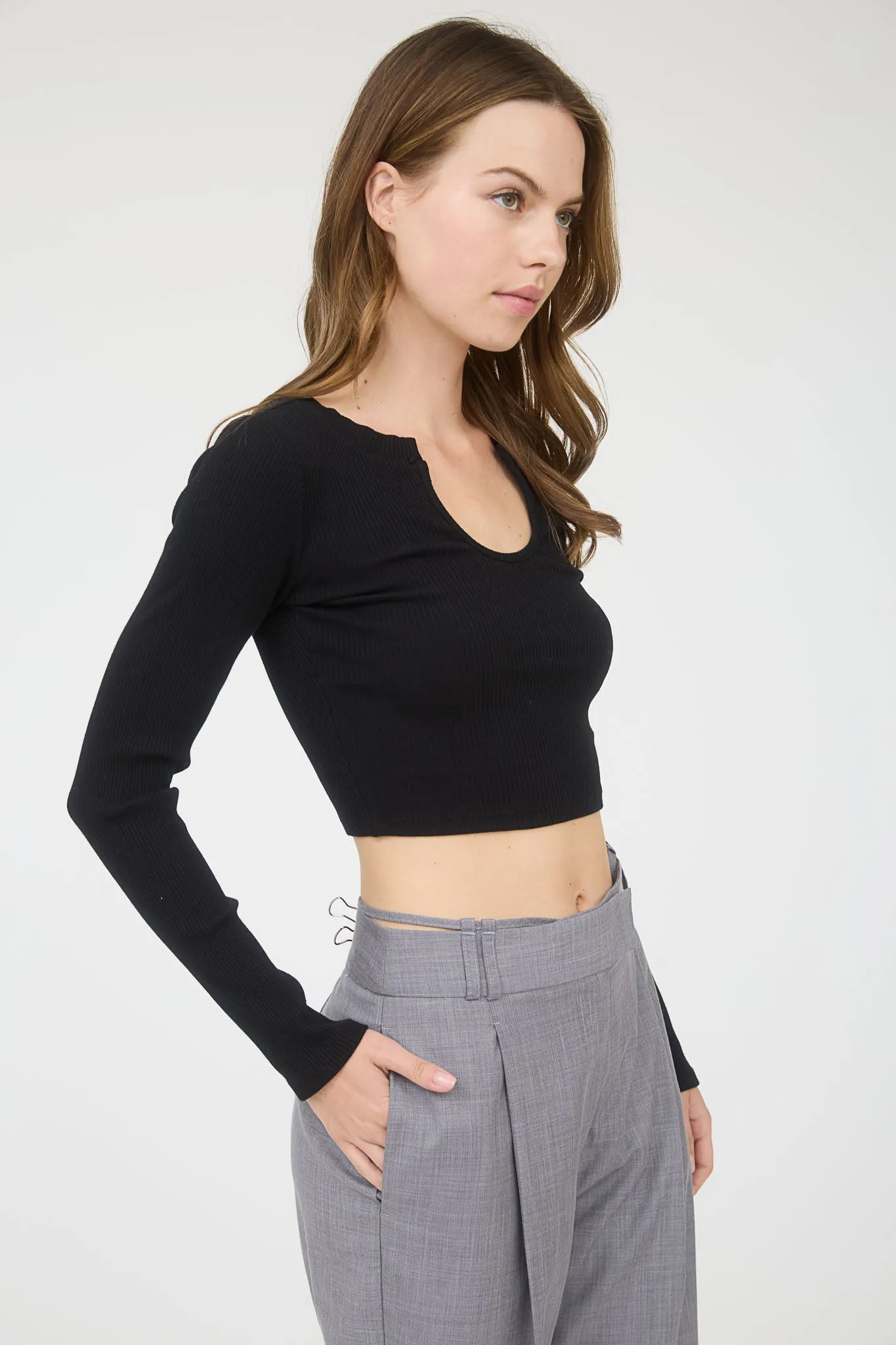 U SPLIT NECK LONG SLEEVE KNIT CROP TOP sold by Blu Pepper product image thumbnail 3