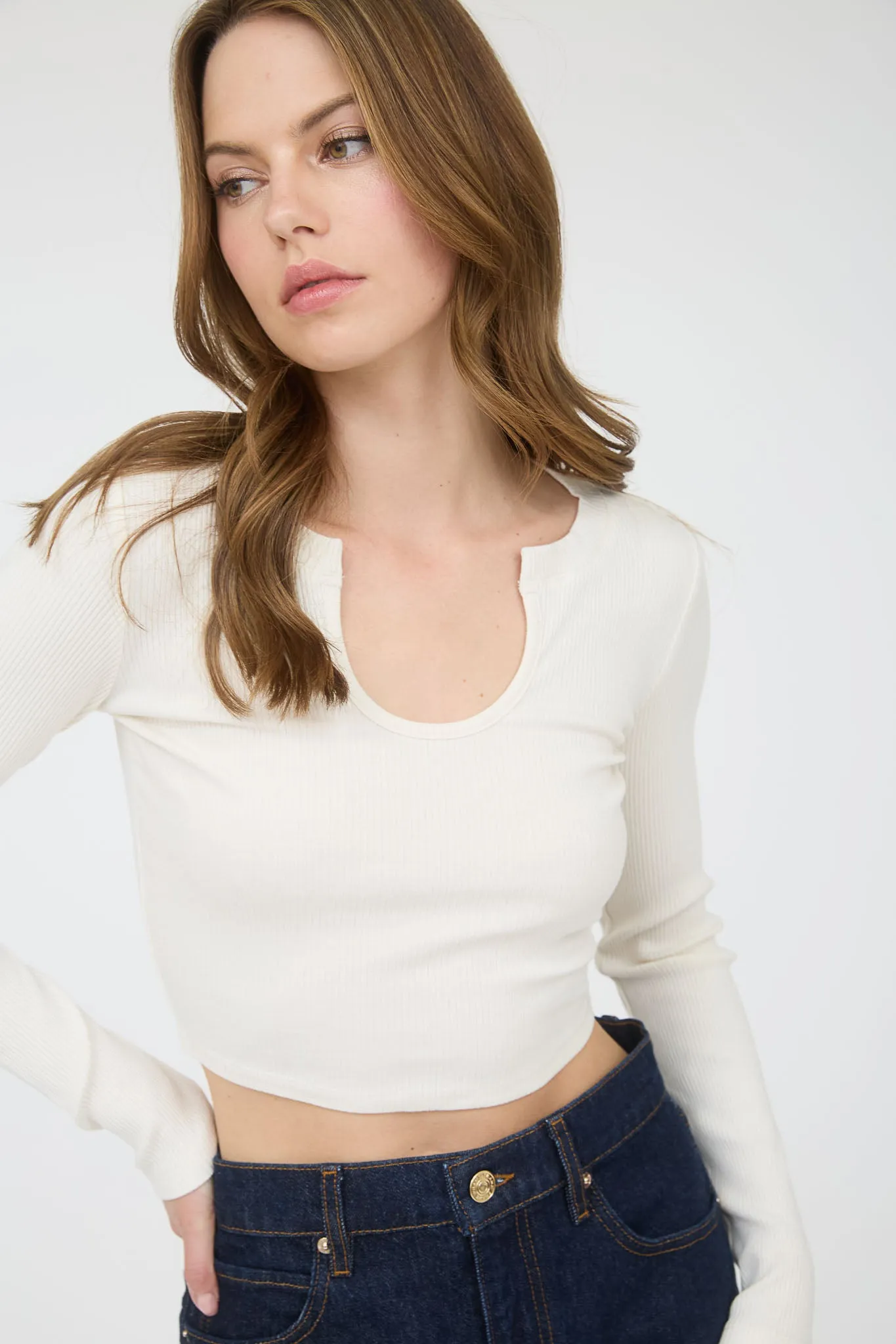 U SPLIT NECK LONG SLEEVE KNIT CROP TOP sold by Blu Pepper product image thumbnail 5