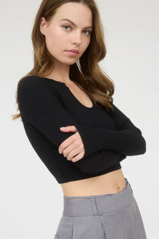 U SPLIT NECK LONG SLEEVE KNIT CROP TOP sold by Blu Pepper