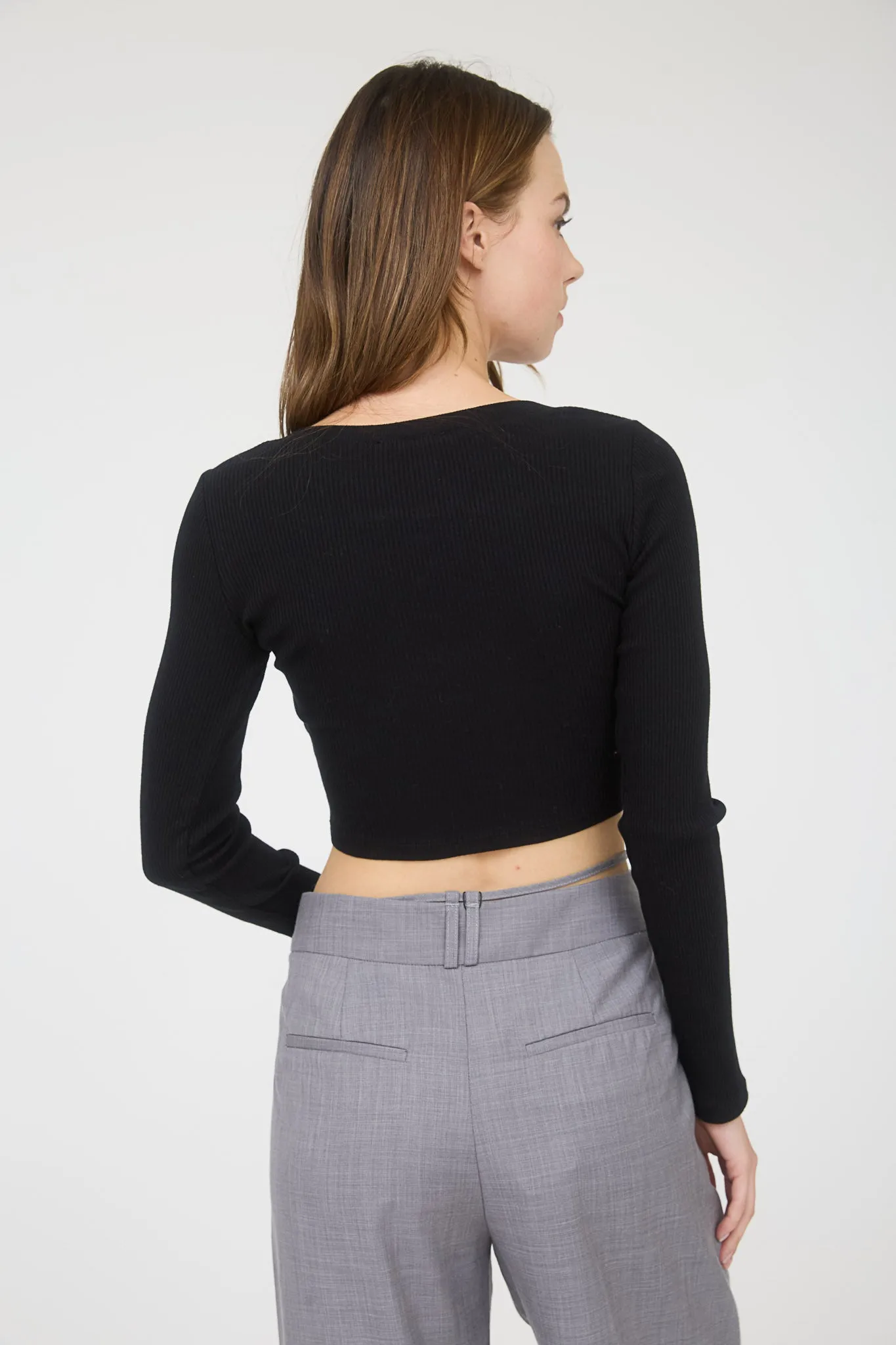 U SPLIT NECK LONG SLEEVE KNIT CROP TOP sold by Blu Pepper product image thumbnail 2