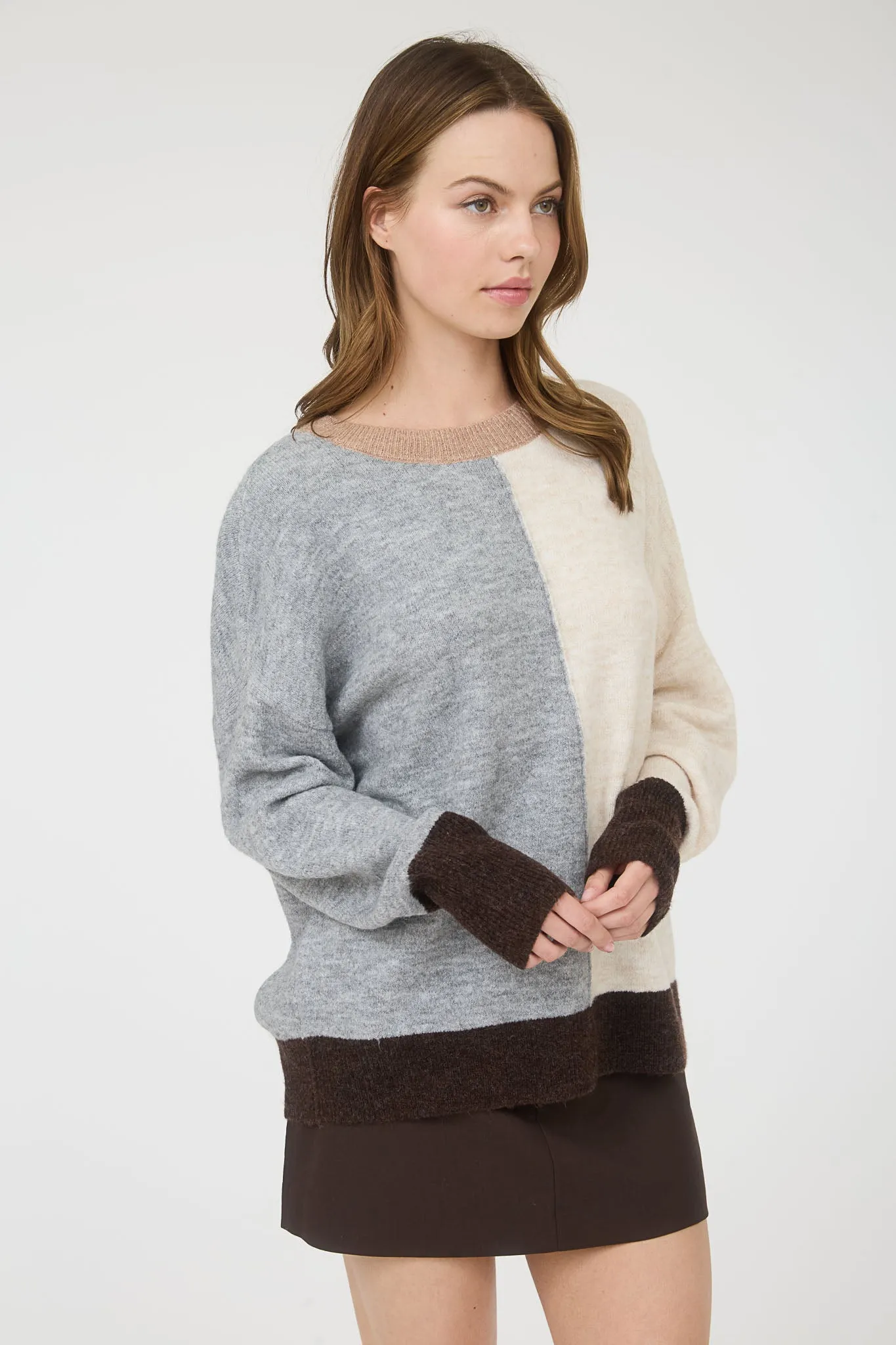 COLORBLOCK FRONT SEAM LONG SLEEVE KNIT SWEATER sold by Blu Pepper product image thumbnail 3