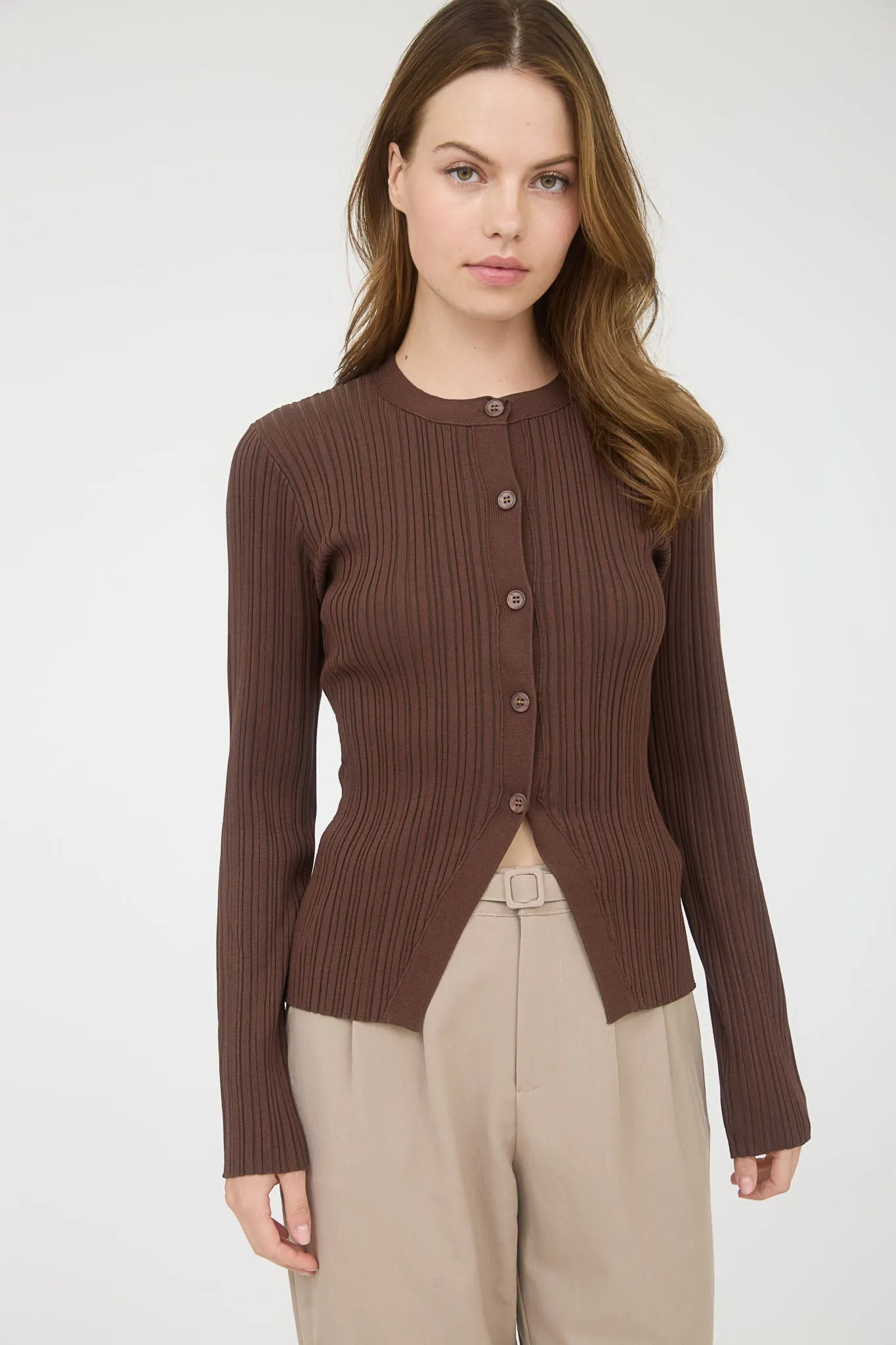 STRIPE KNIT PATTERN BUTTON DOWN SPLIT HEM CARDIGAN sold by Blu Pepper product image thumbnail 4