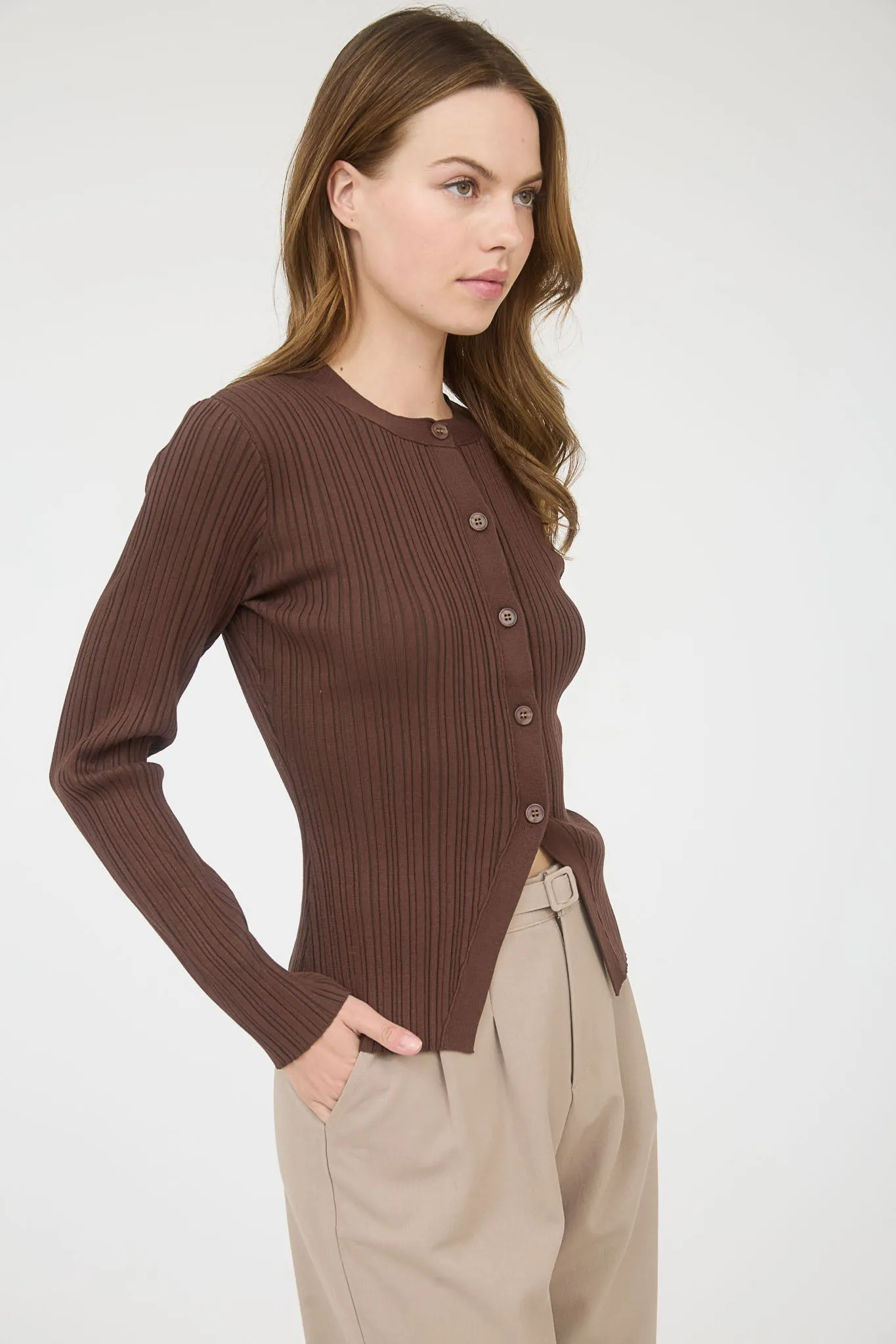 STRIPE KNIT PATTERN BUTTON DOWN SPLIT HEM CARDIGAN sold by Blu Pepper product image thumbnail 3