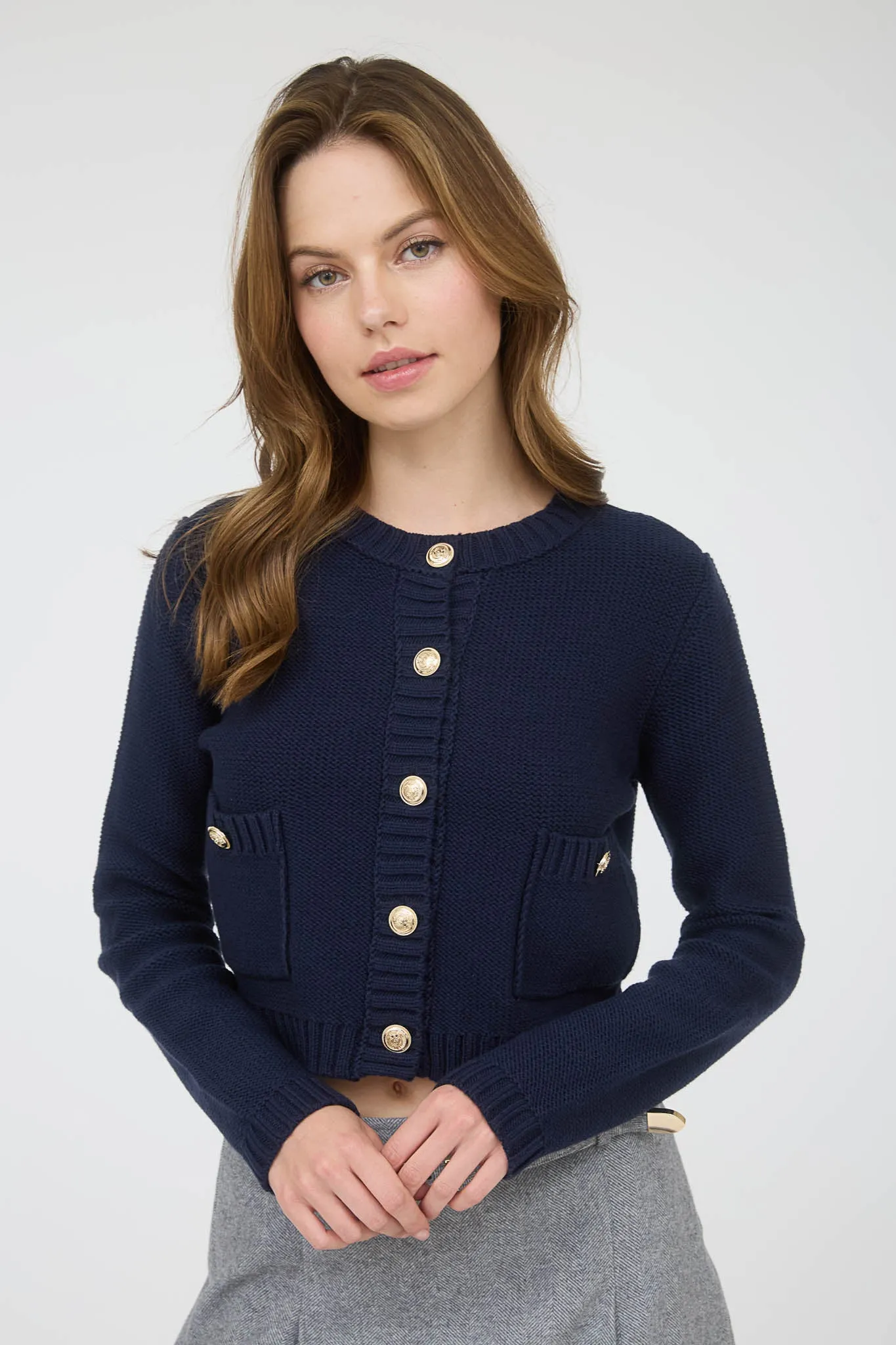 GOLD BUTTON RIBBED TRIM KNIT CARDIGAN SWEATER sold by Blu Pepper product image thumbnail 5